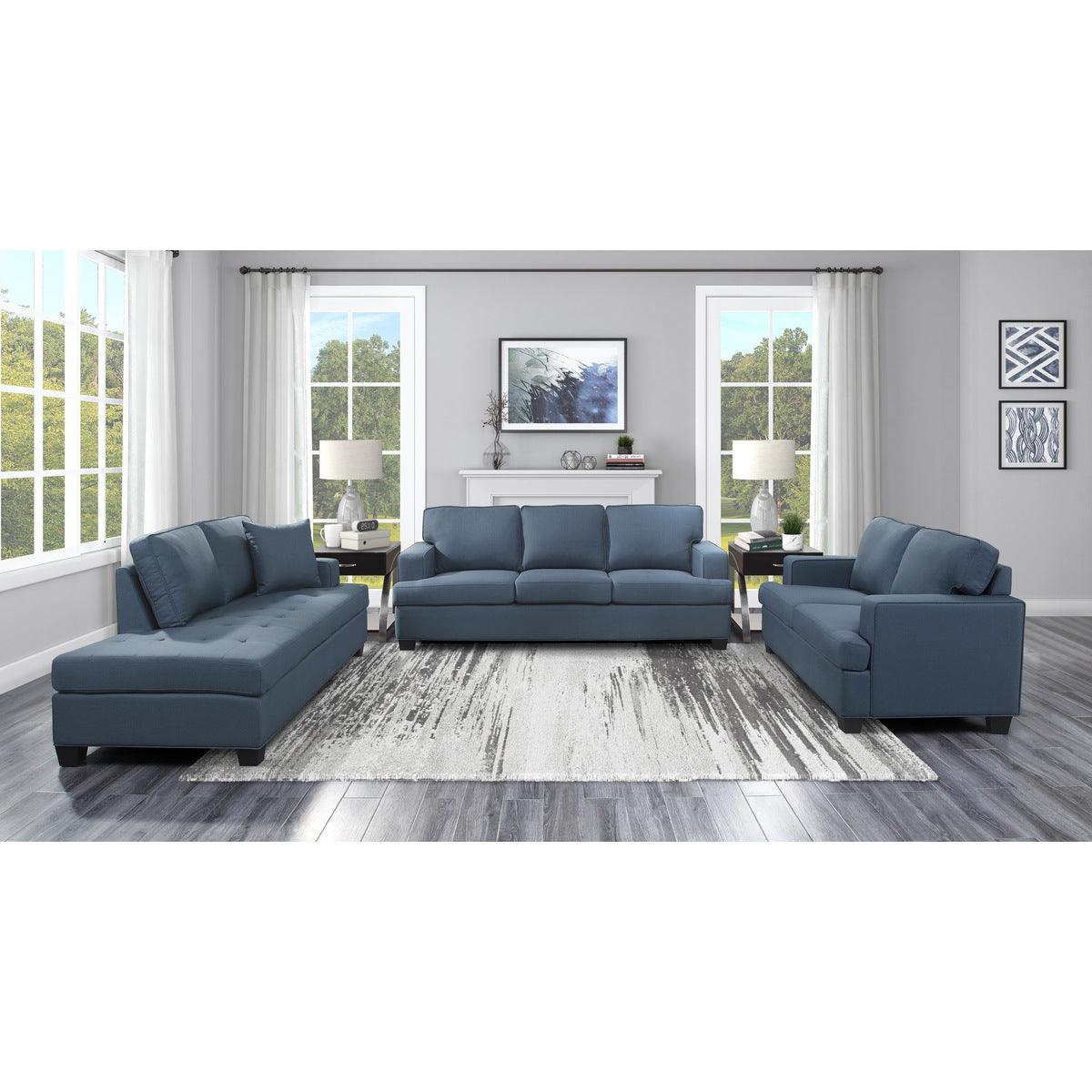 Elmont Blue Fabric Sofa side view highlighting seat cushions