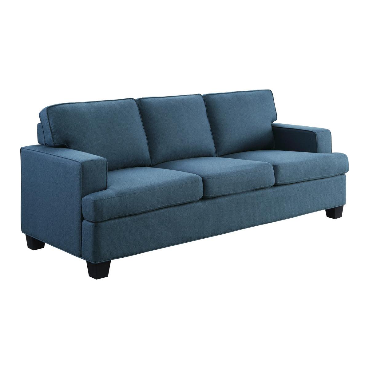 Elmont Blue Fabric Sofa side view showing armrest