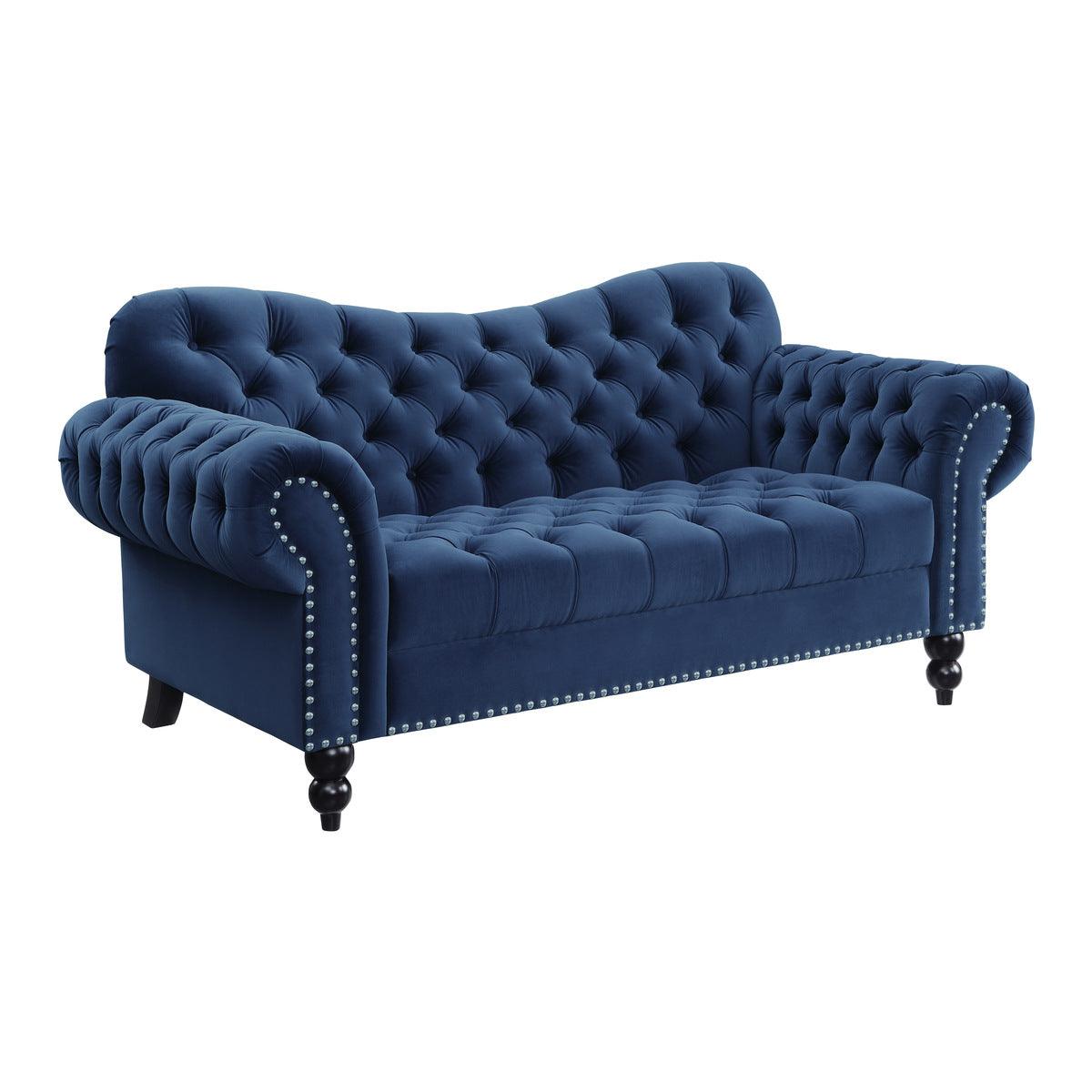 Rosalie Navy Blue Velvet Tufted Loveseat side view