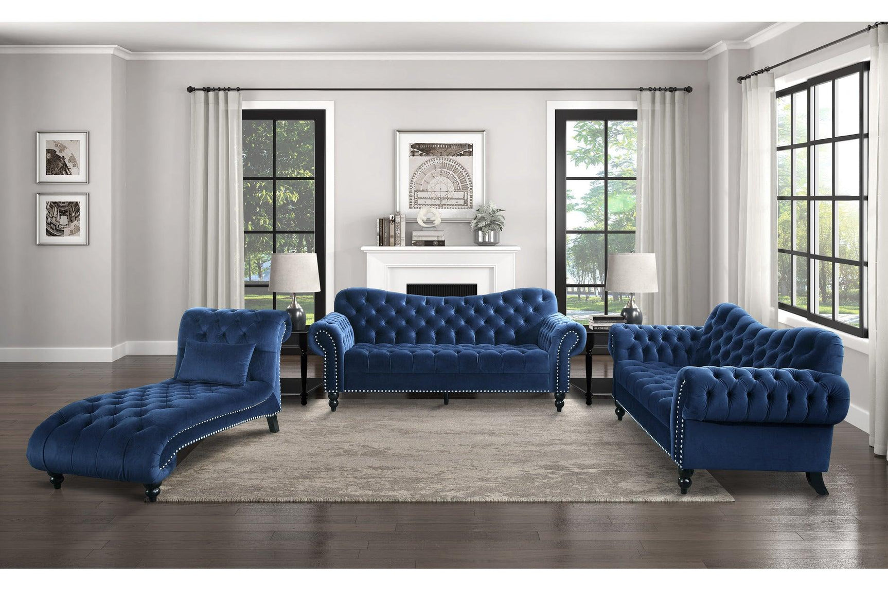 side view of Rosalie Navy Velvet Tufted Living Room Set sofa