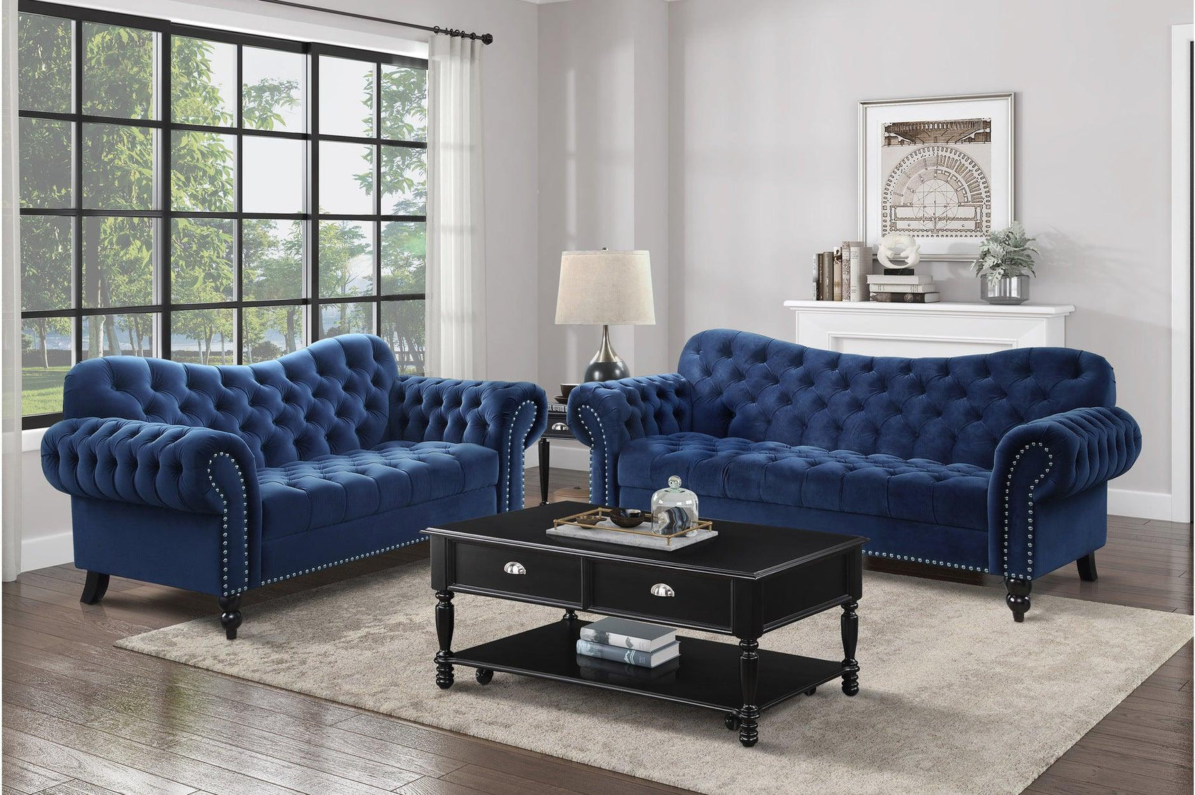 main view of Rosalie Navy Velvet Tufted Living Room Set sofa and loveseat