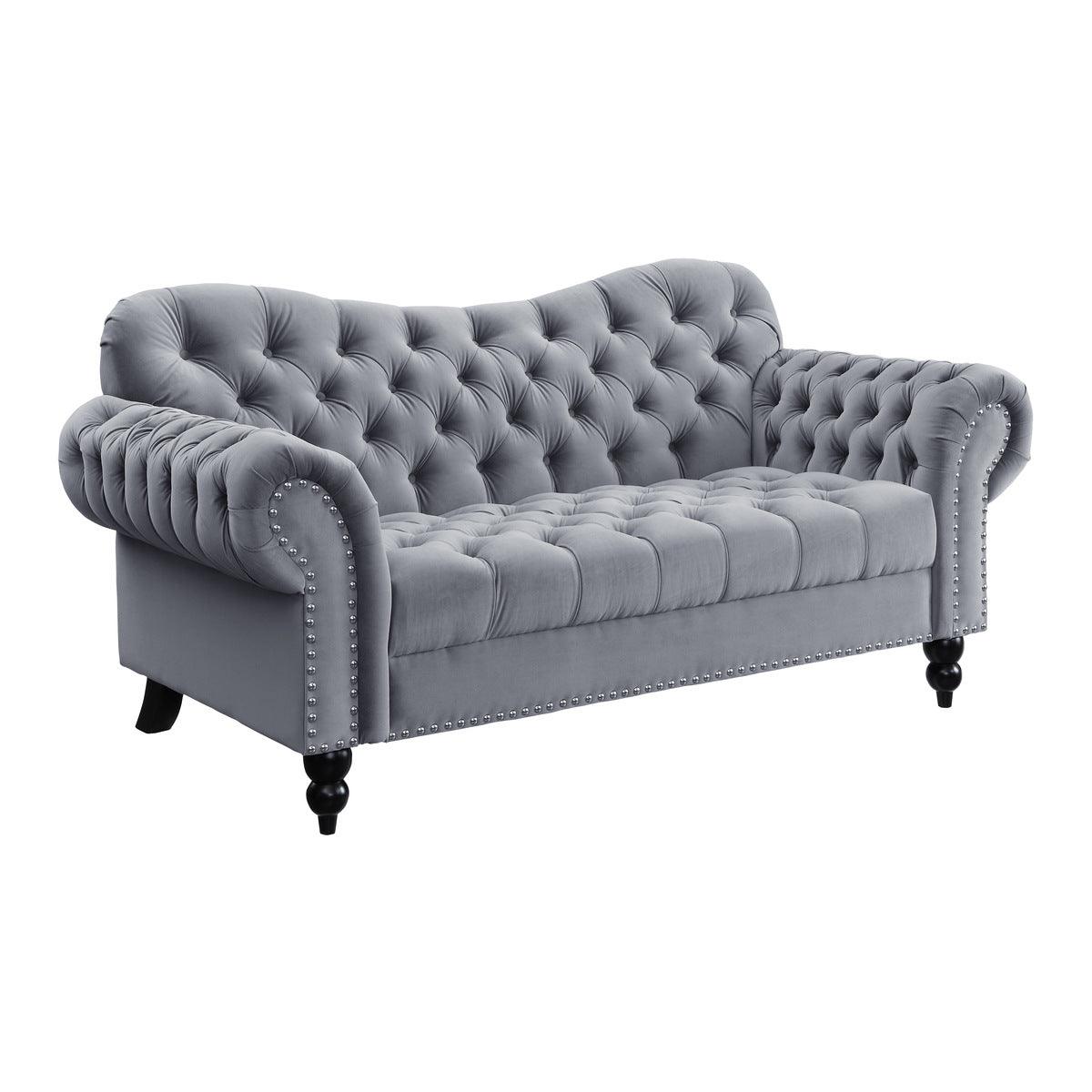 Rosalie dark gray velvet tufted loveseat side angle