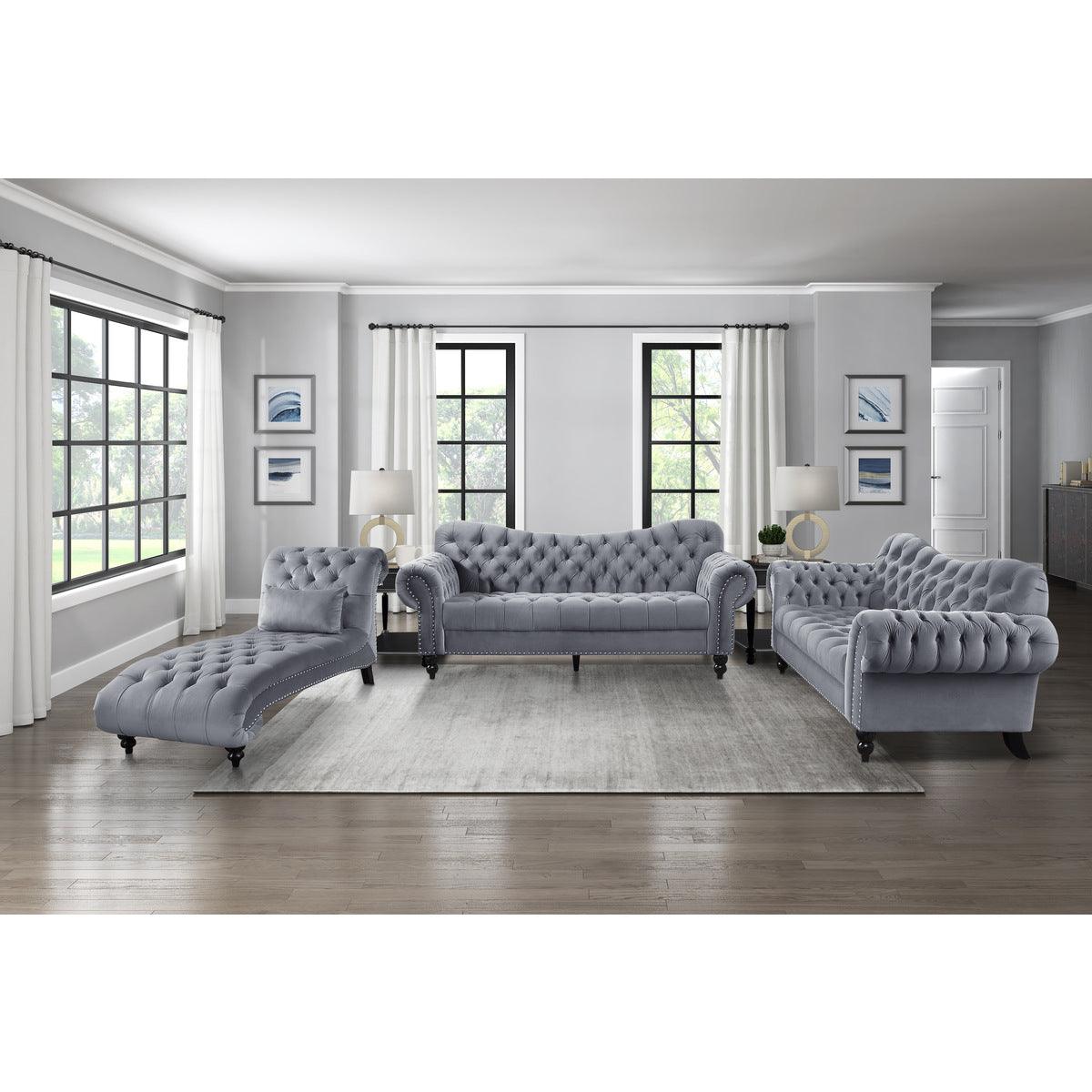 Rosalie dark gray velvet tufted loveseat detail on wood leg and nailhead trim