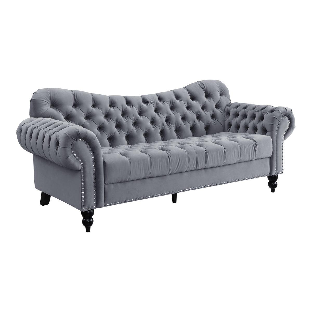 Rosalie dark gray velvet tufted sofa side view