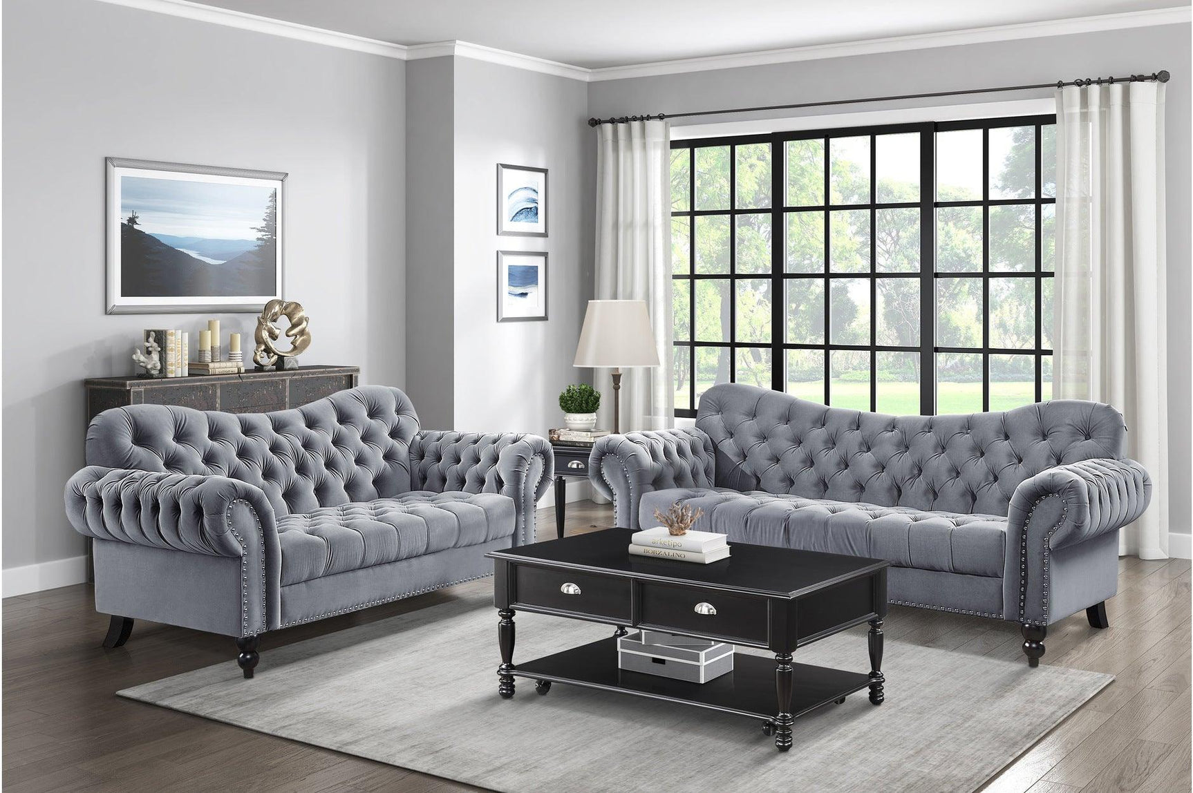 Rosalie dark gray velvet tufted sofa front view