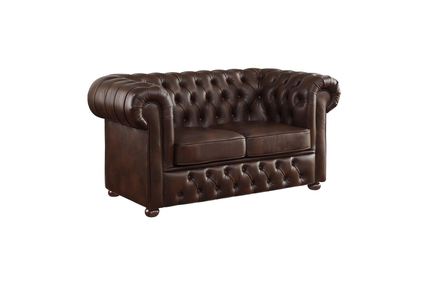 Side perspective of loveseat showing tufted design