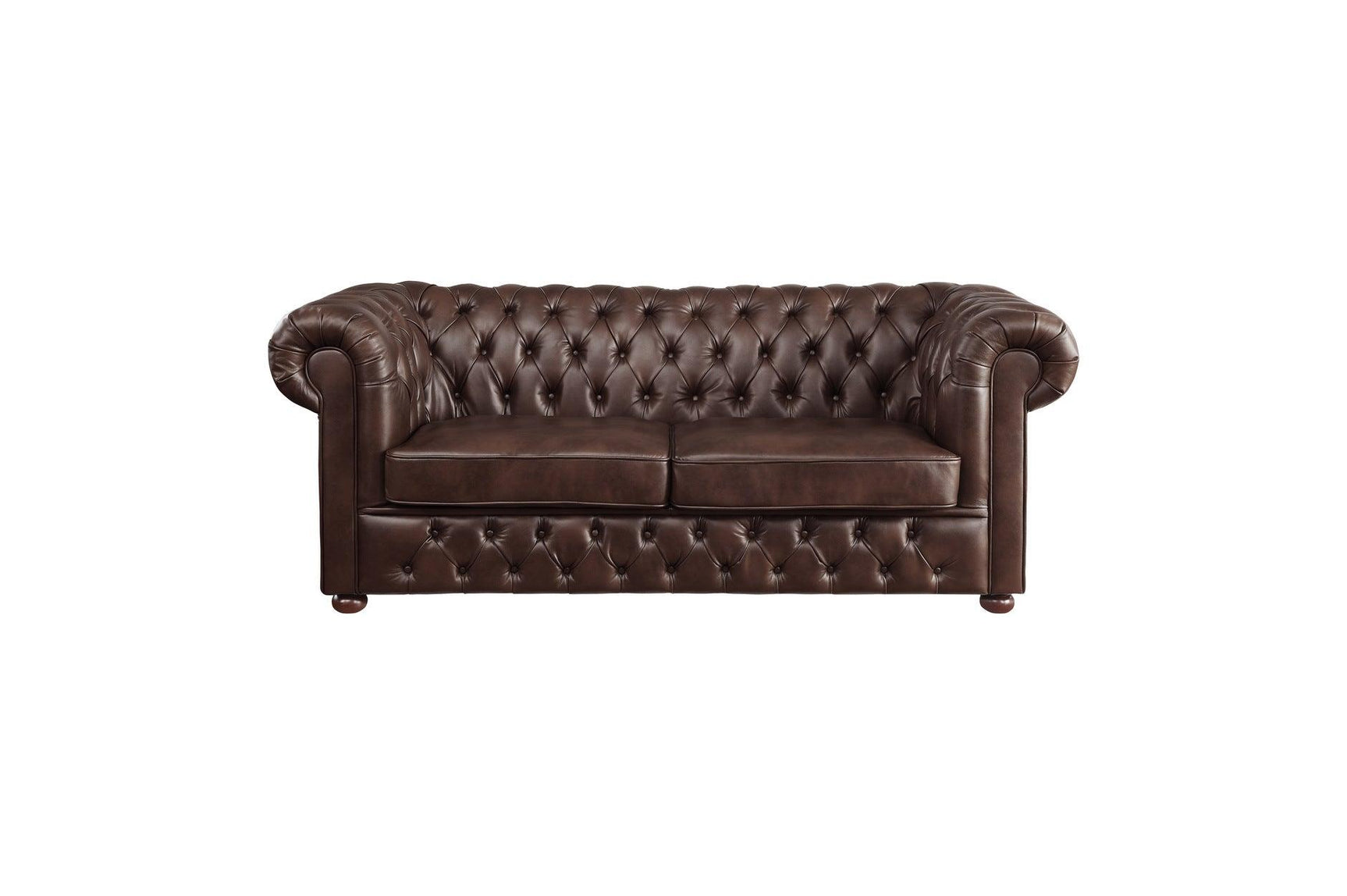 Close-up detail of tufted brown faux leather upholstery