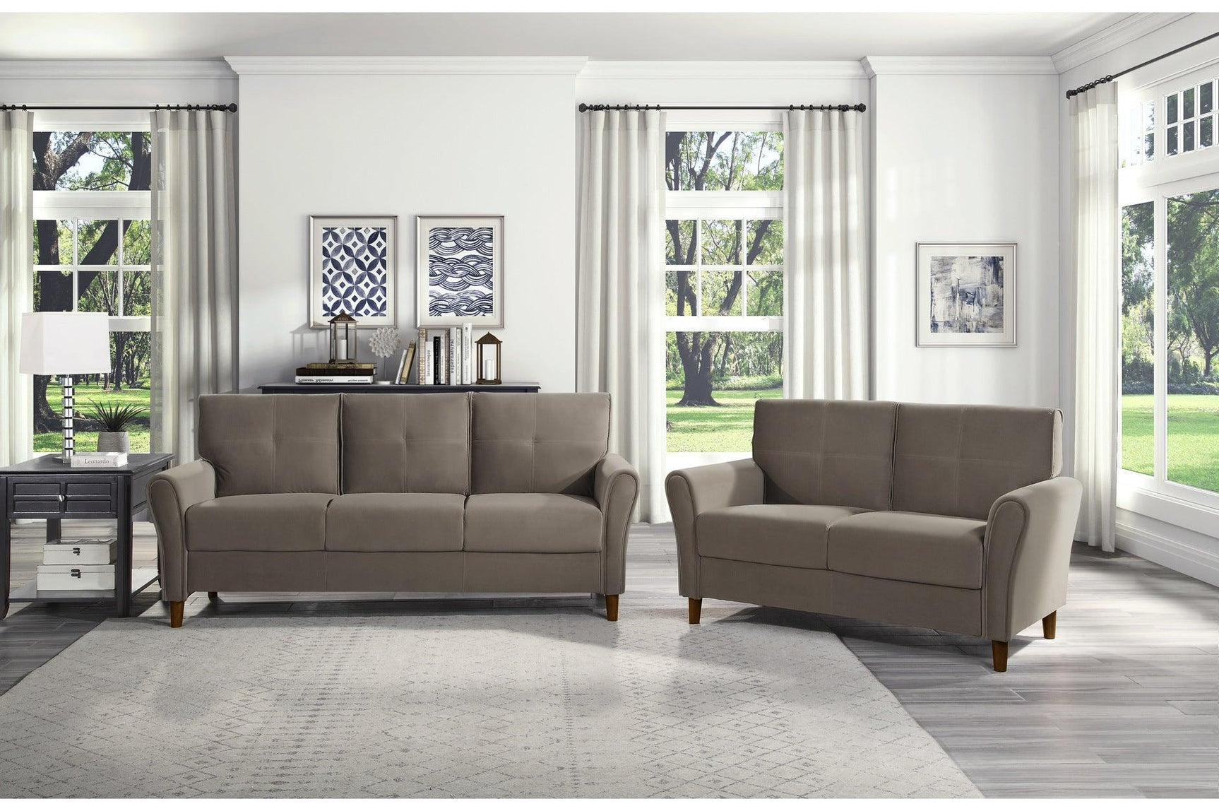 Side angle of Dunleith brown velvet tufted sofa