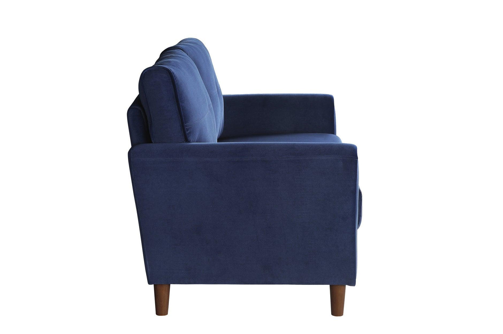 Side angle of Dunleith blue velvet tufted sofa