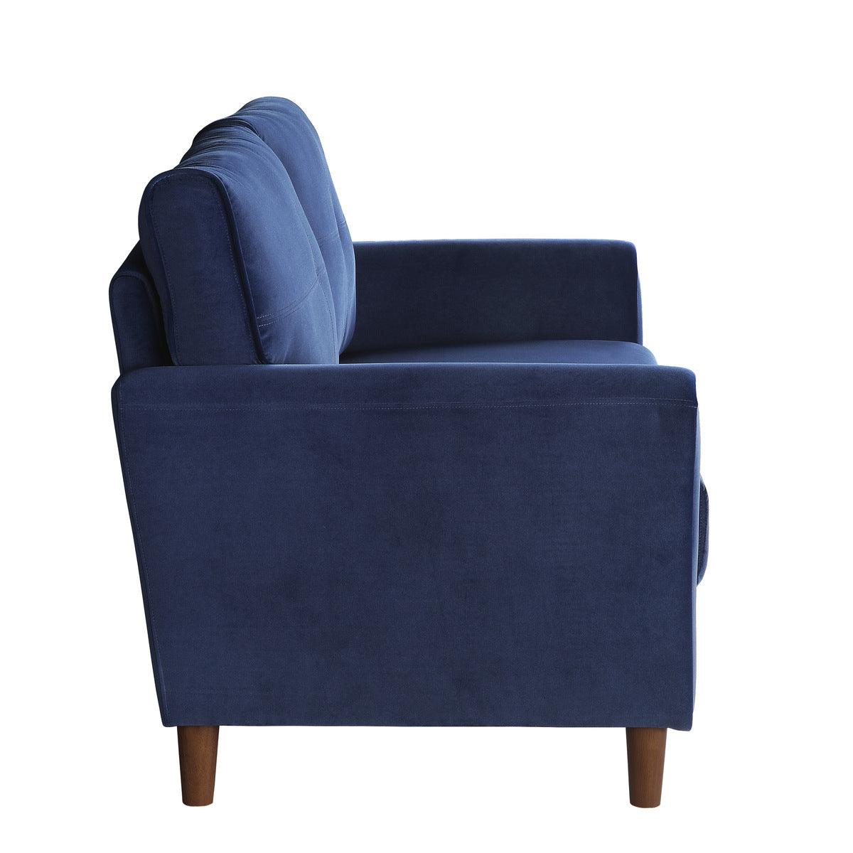 Dunleith Blue Velvet Tufted Loveseat angled side view