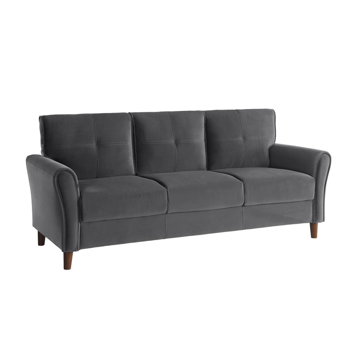 Side angle of Dunleith Gray Velvet Tufted Sofa