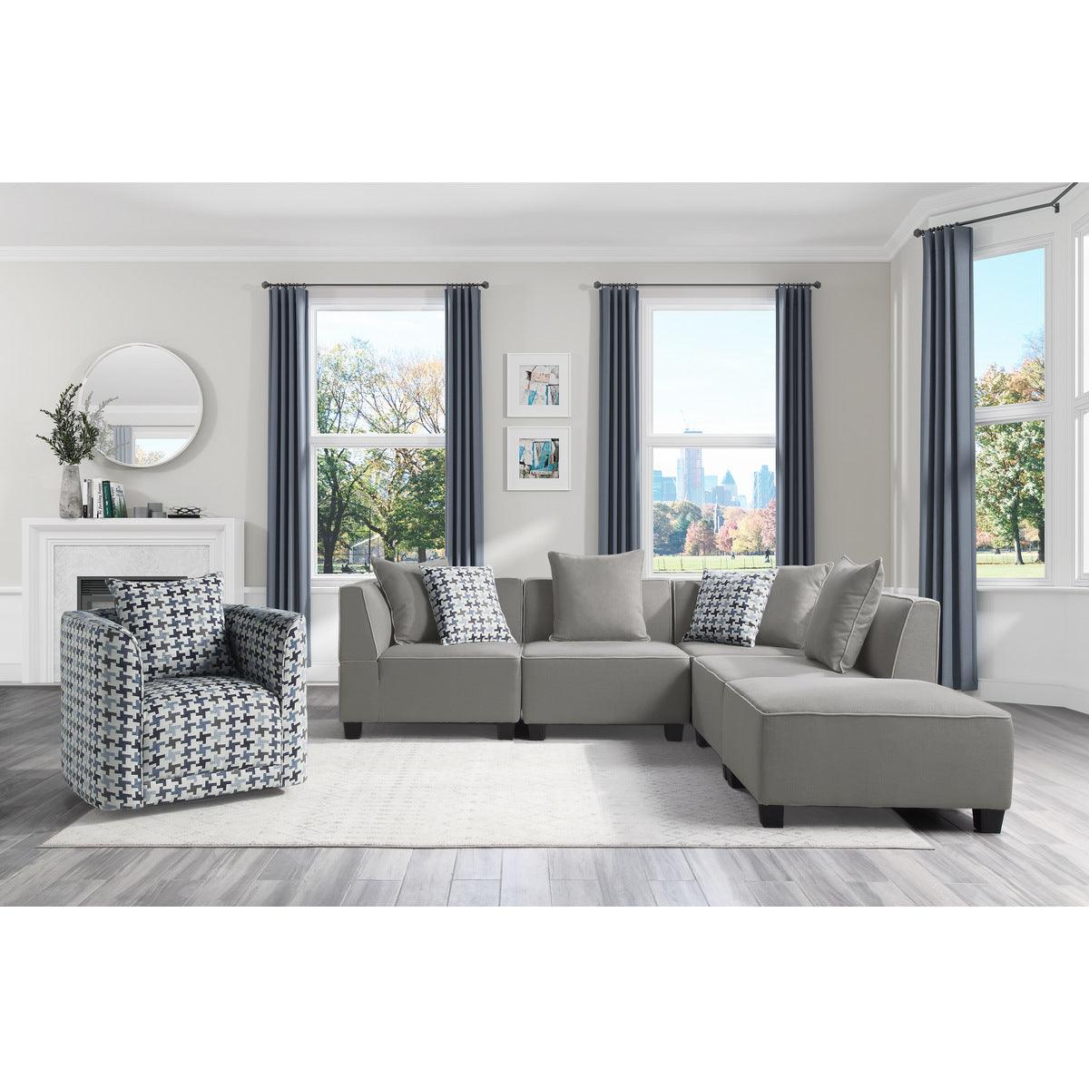 Jayne Gray gray fabric ottoman showing removable storage lid open