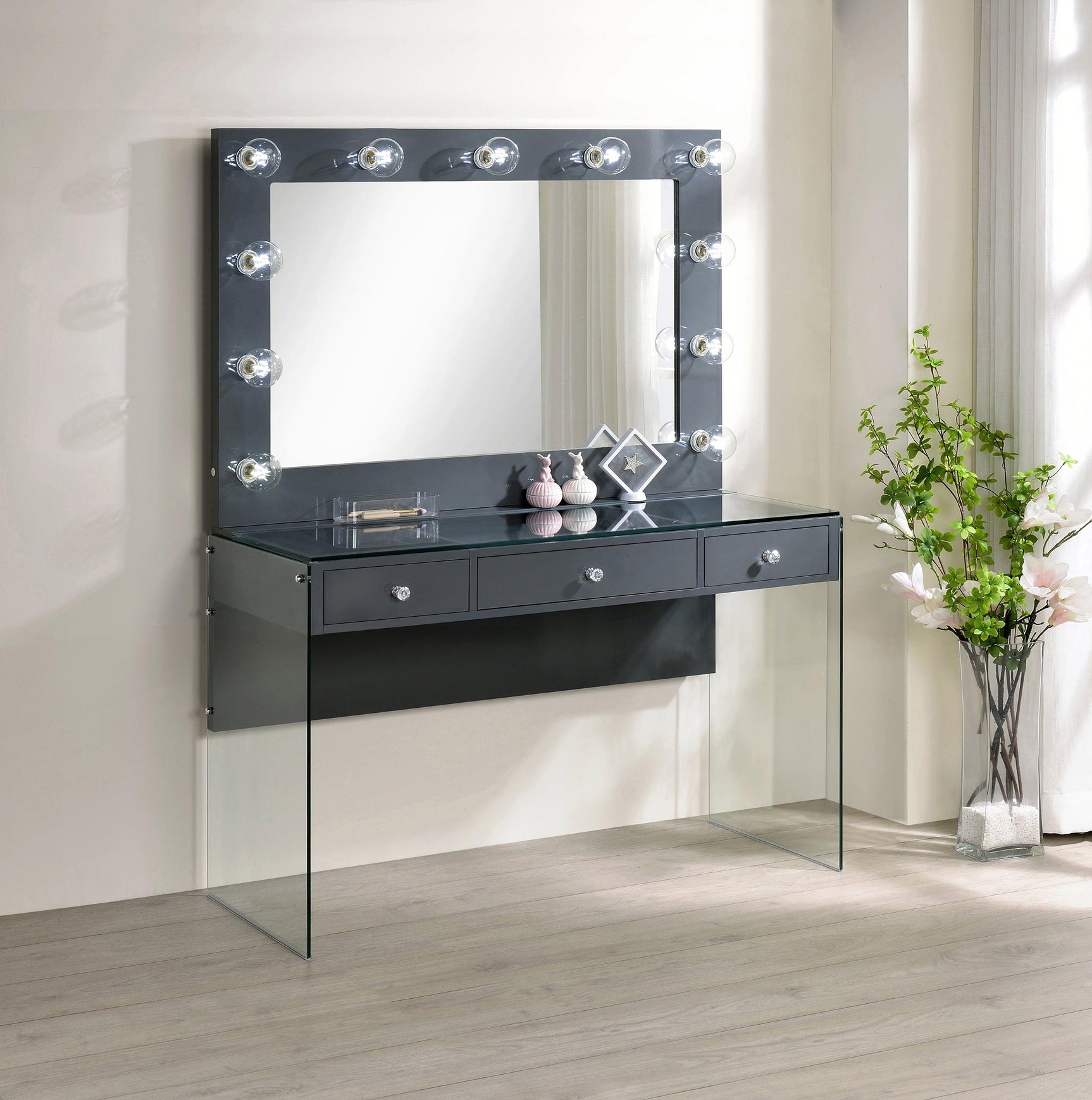 Side angle of Afshan Vanity Desk showing glass panels
