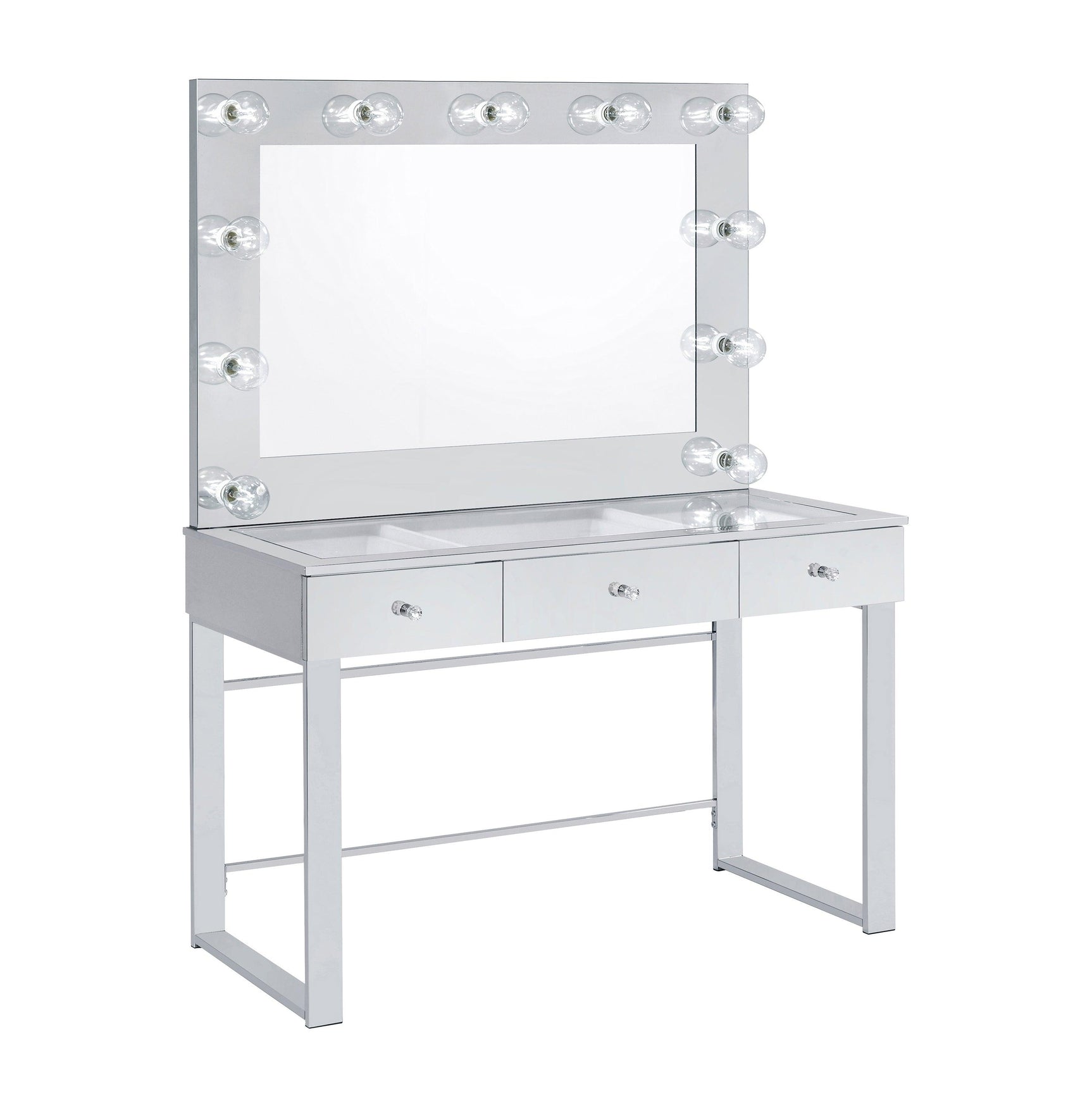 Side angle showing clear tempered glass top and crystal drawer pulls