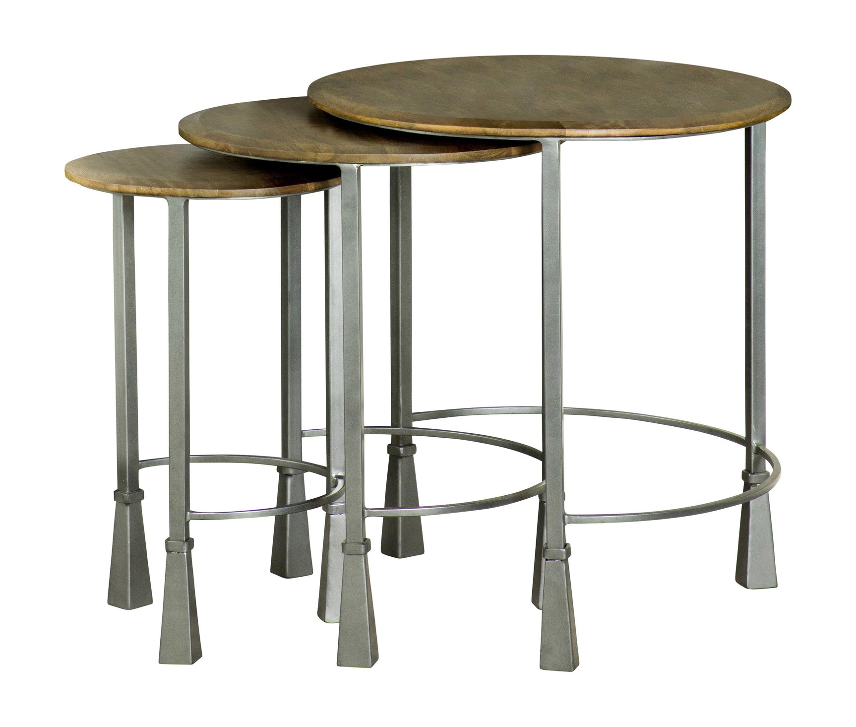 Detail of Deja 3-piece round nesting tables showing natural wood grain and industrial legs