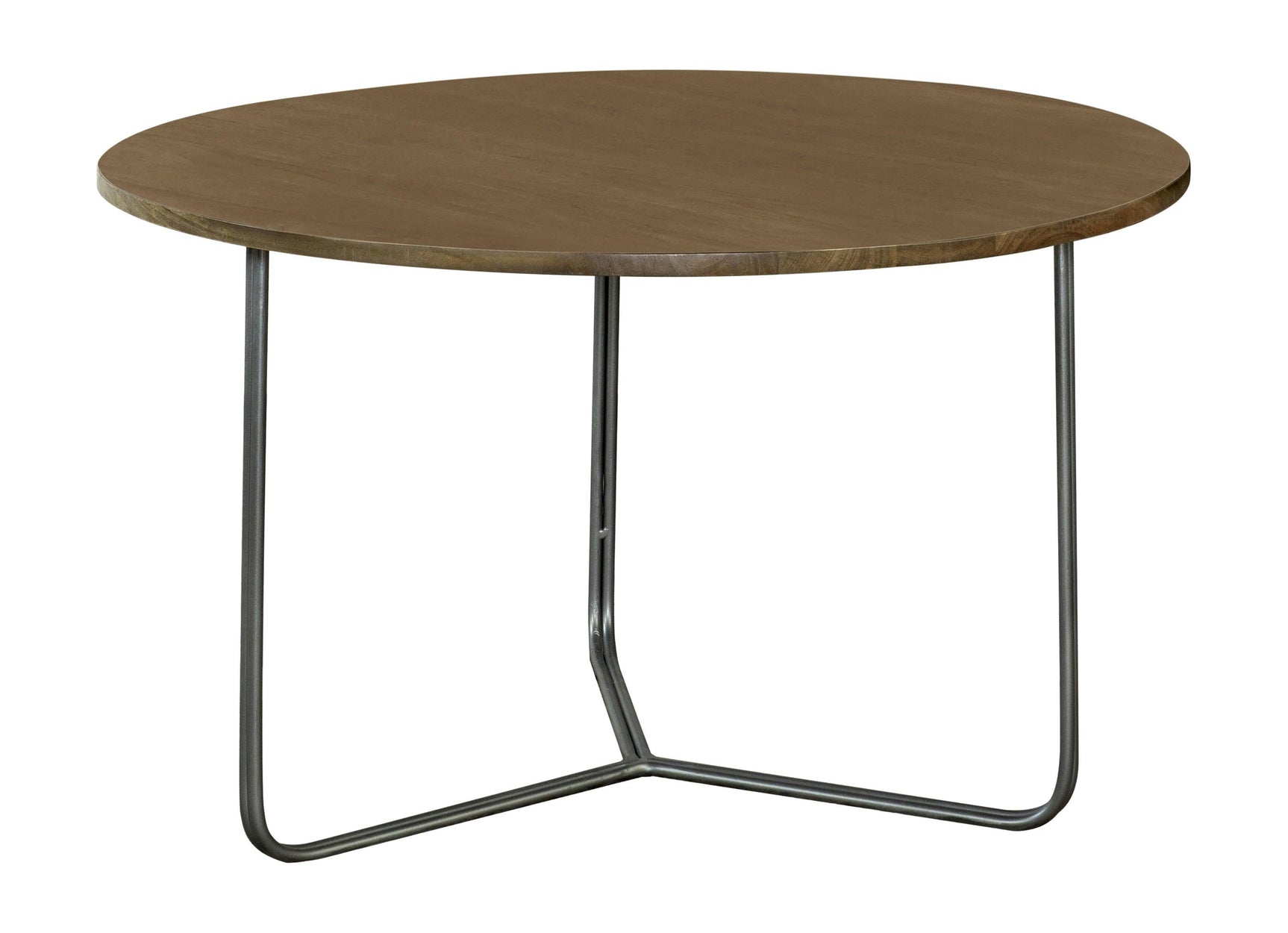 Side view of Yaritza round accent table with tripod gunmetal wire base and natural mango wood top