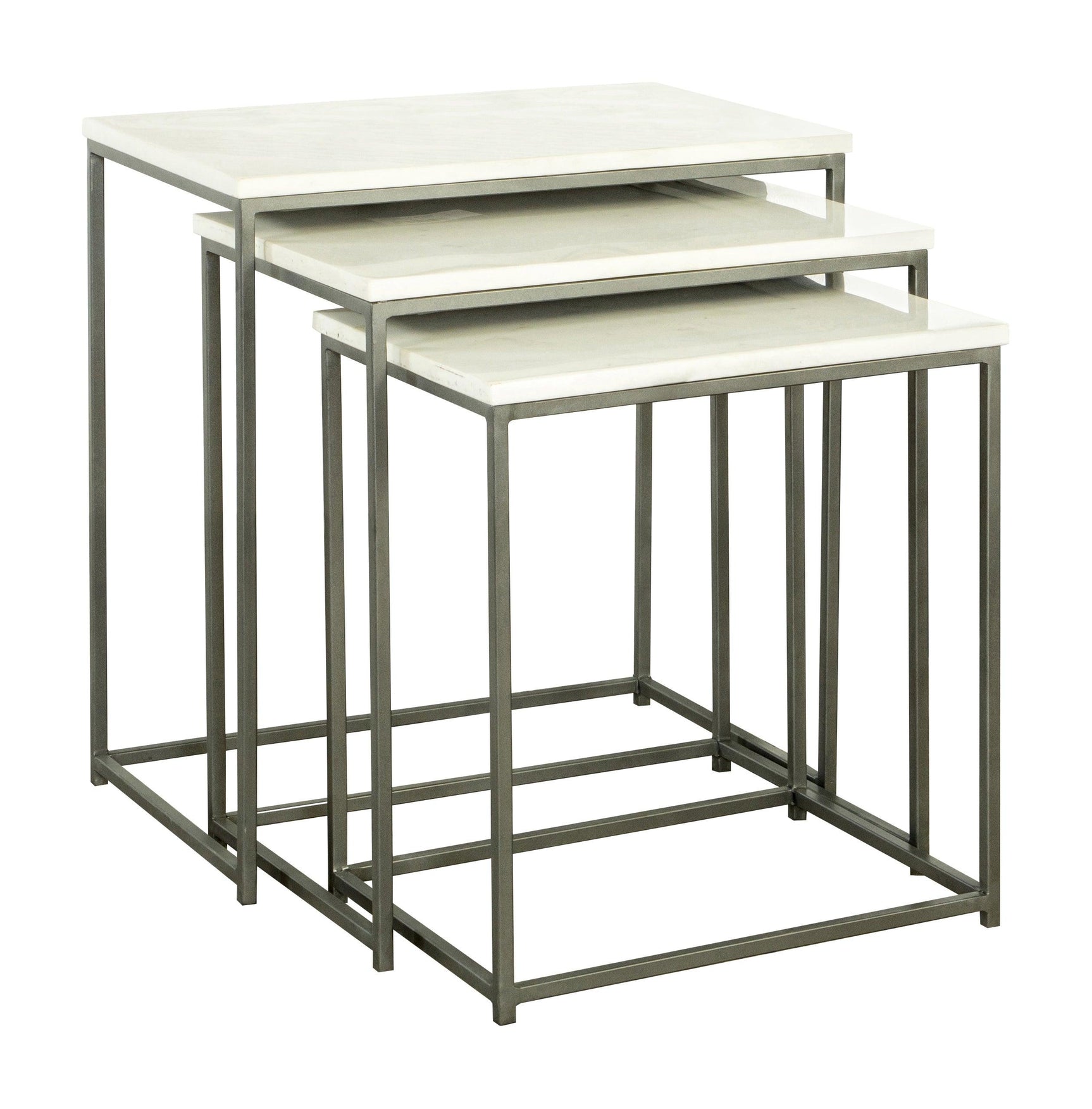 Set of three Caine nesting tables with marble tops and iron legs