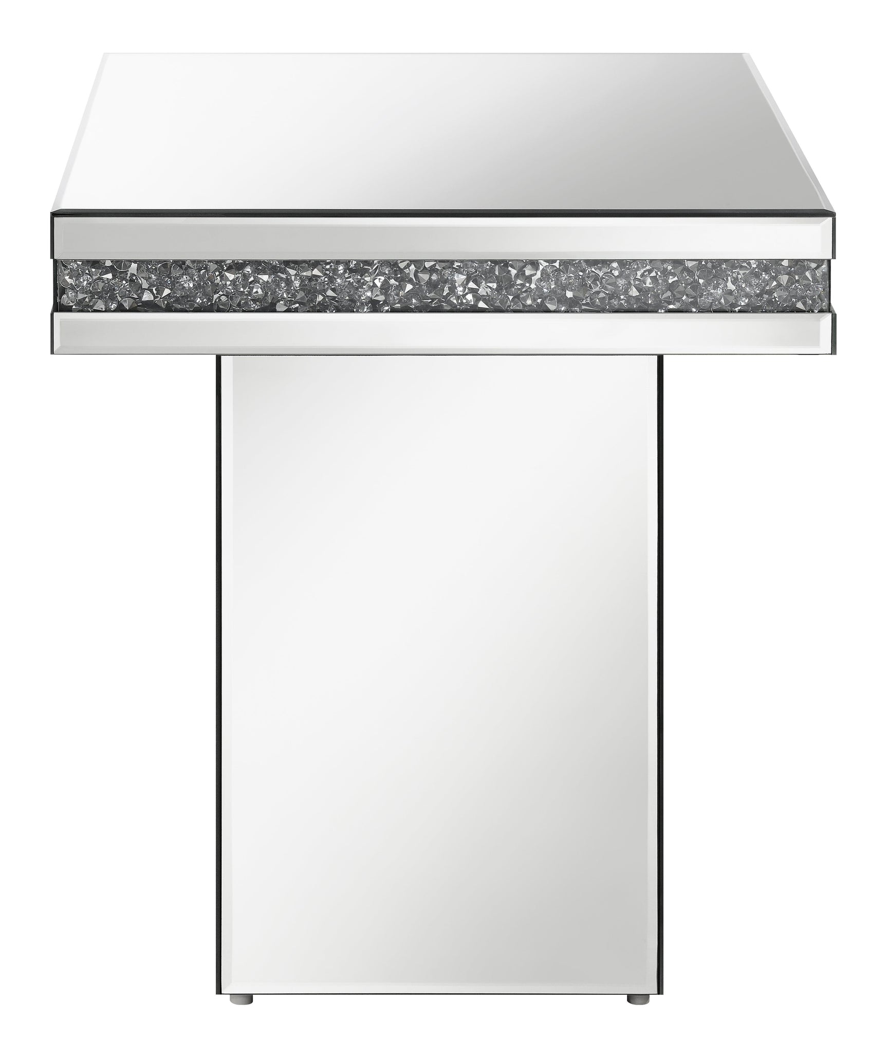 Elora Pedestal Square Top Accent Table Mirror side angle showcasing acrylic crystal center band