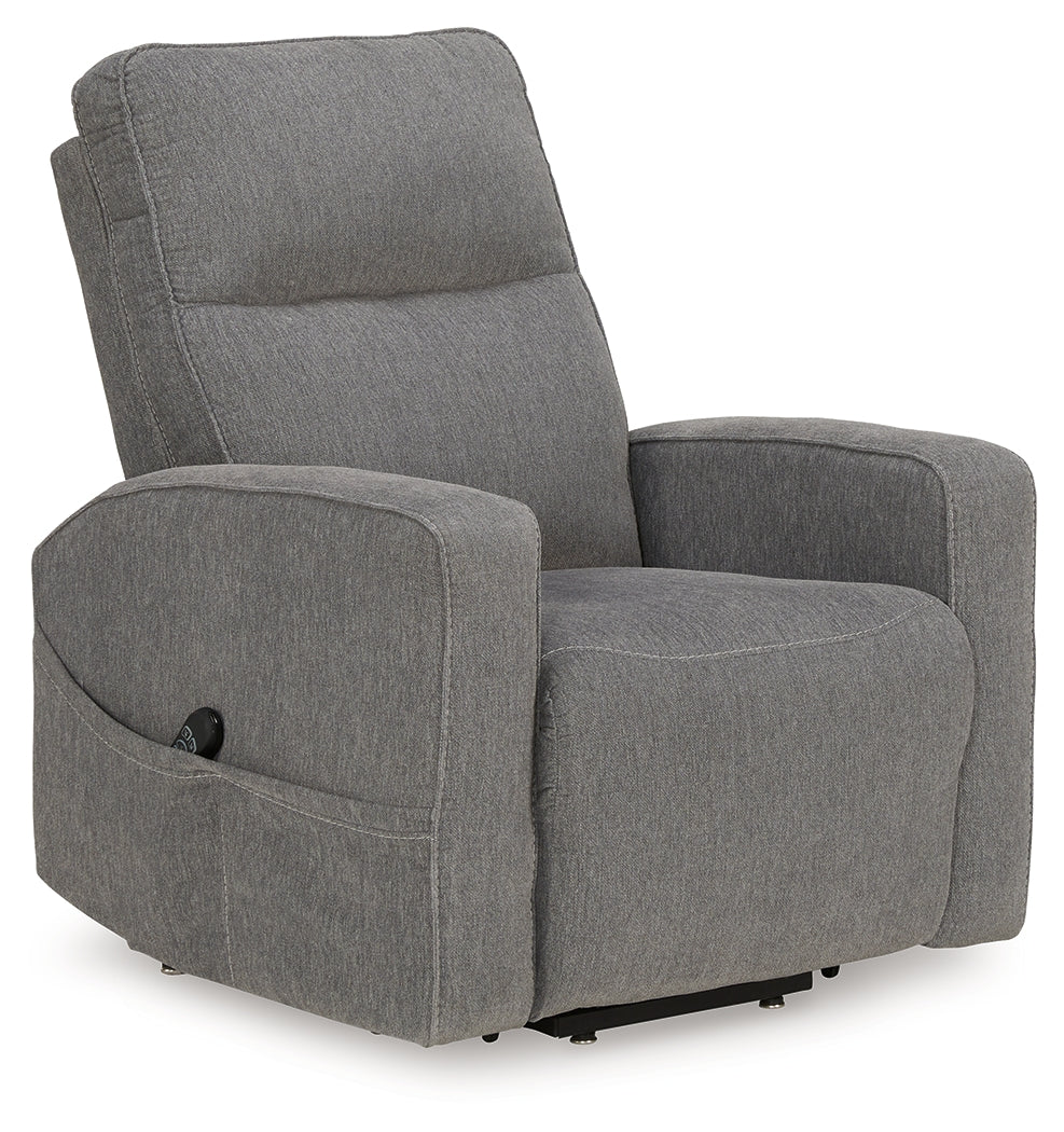 Side view of Starganza Gray Power Lift Recliner showing gray upholstery