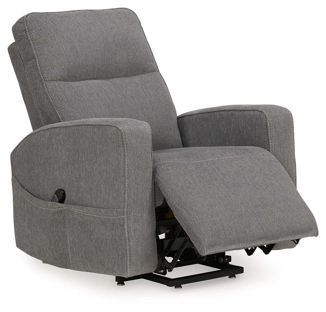 Reclined position of Starganza Gray Power Lift Recliner in gray fabric