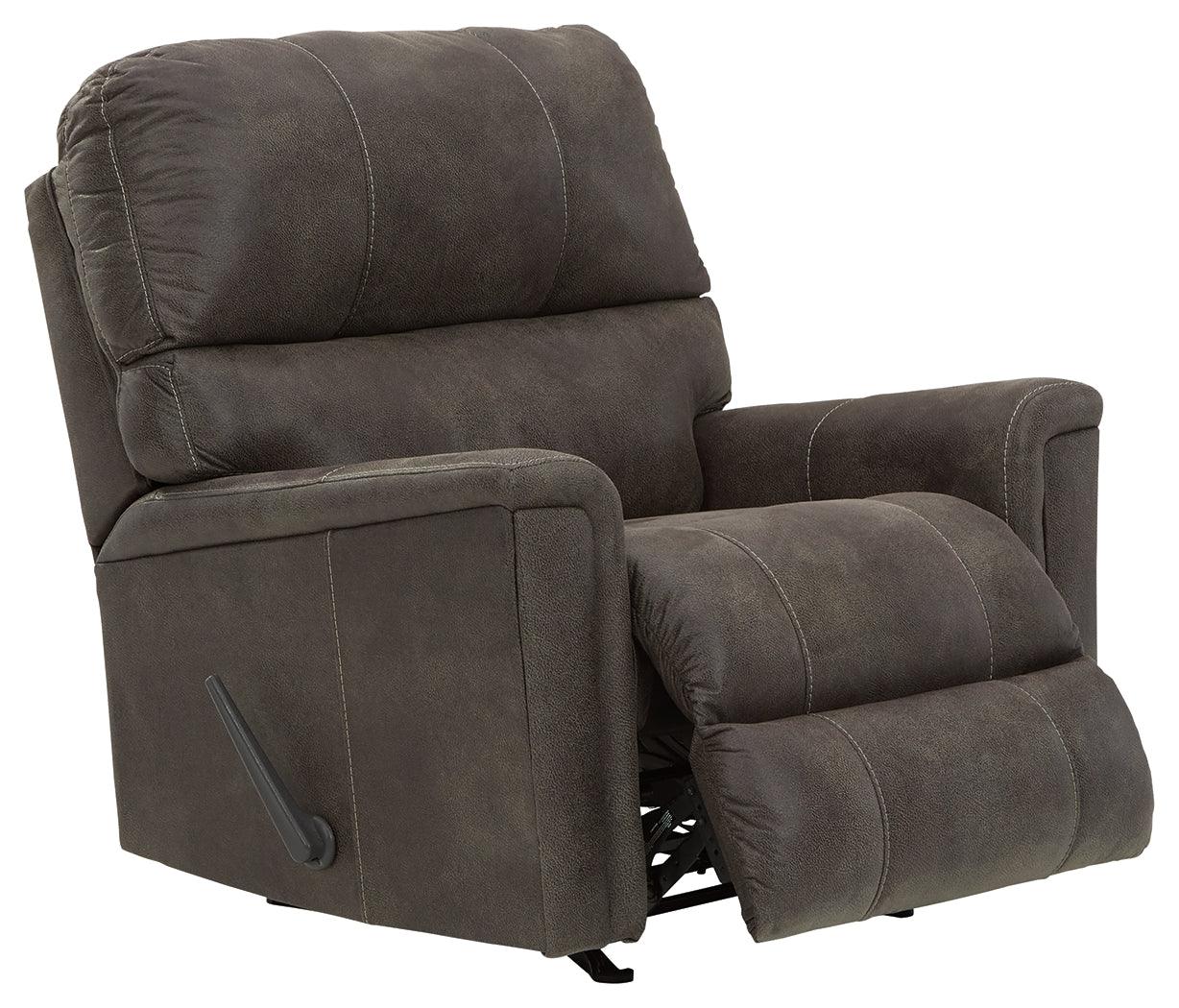 Open angle side view of Navi Smoke Faux Leather Recliner