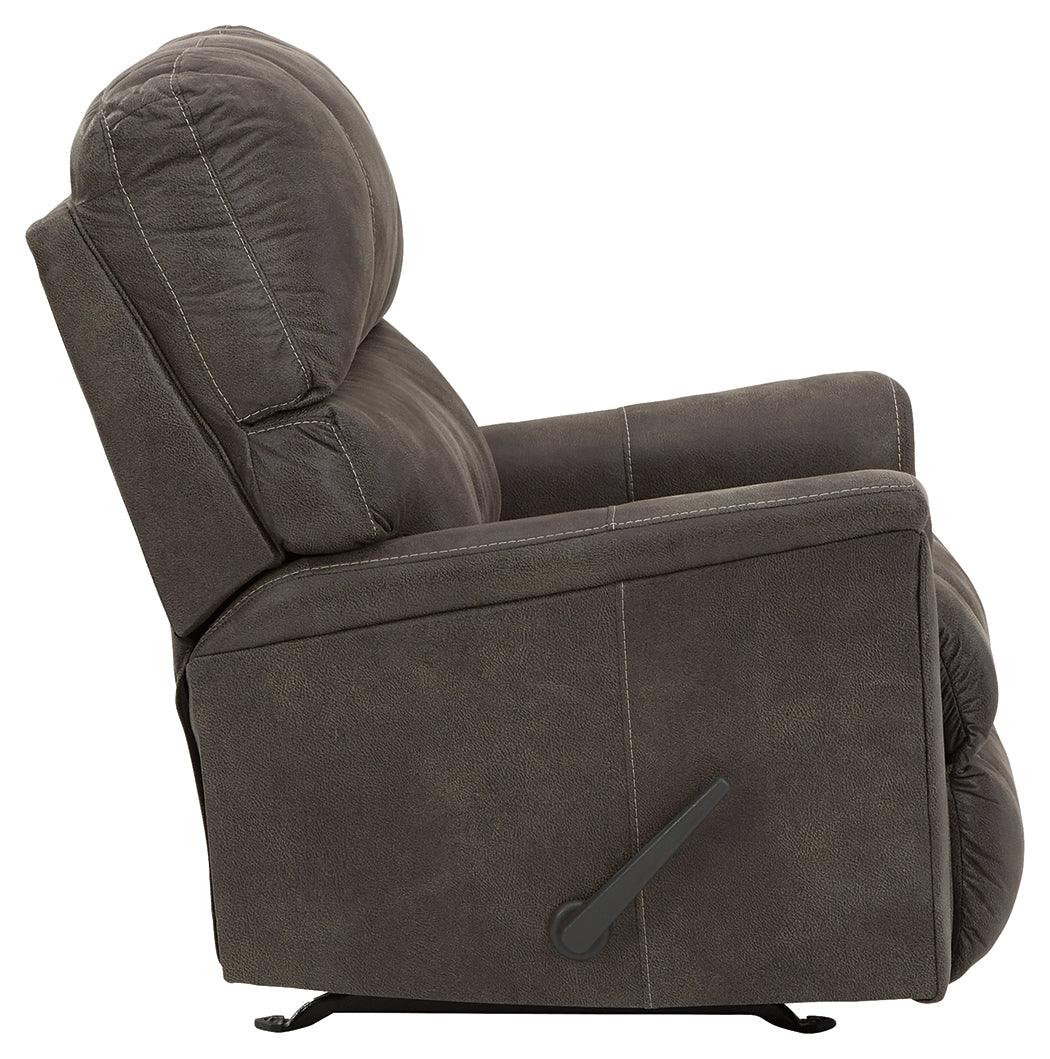Side reclining view of Navi Smoke Faux Leather Recliner