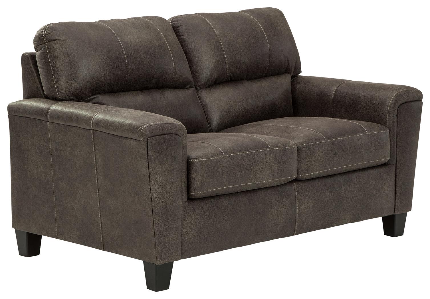 Navi Loveseat side profile in smoke faux leather