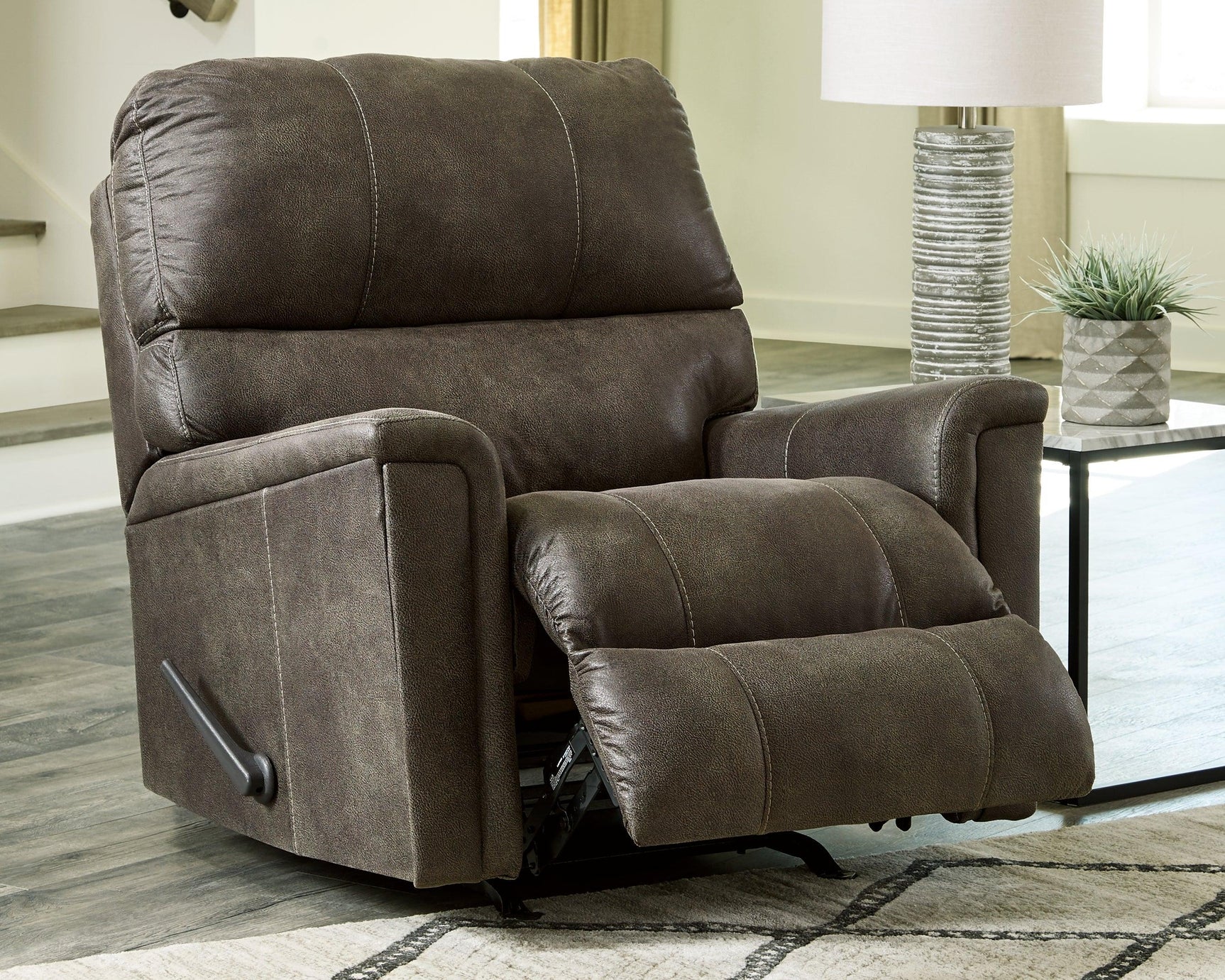 Reclining position view of Navi Smoke Faux Leather Recliner