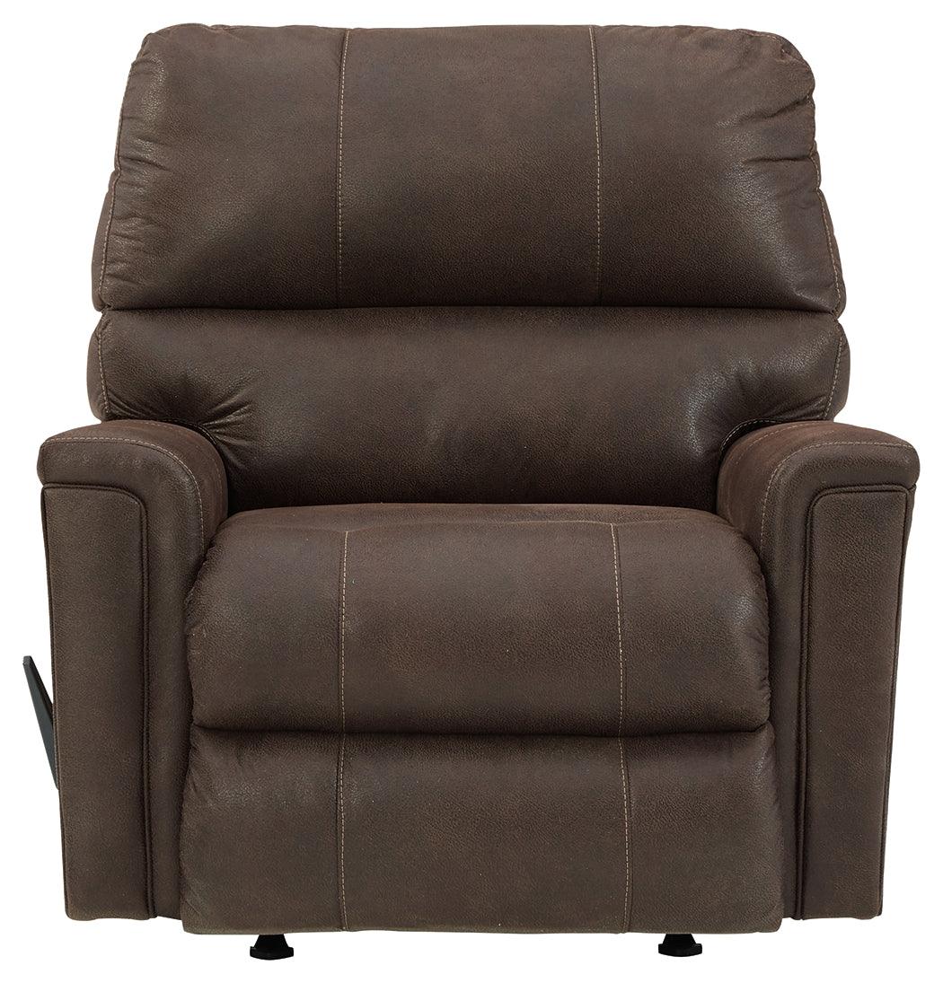 Head on reclining view of Navi Smoke Faux Leather Recliner