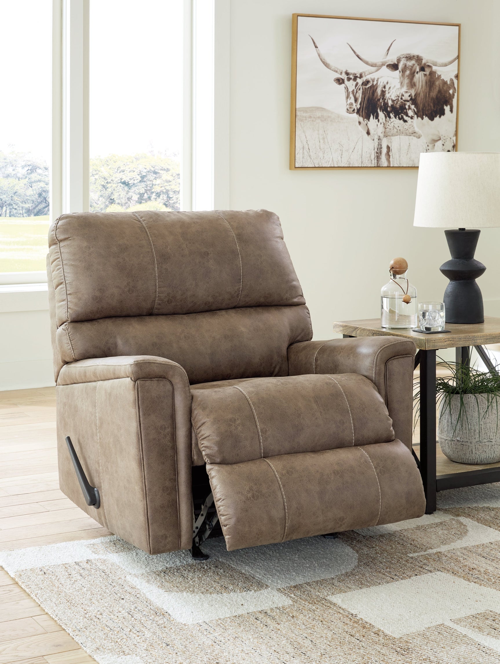Open reclined view of Navi Faux Leather Recliner