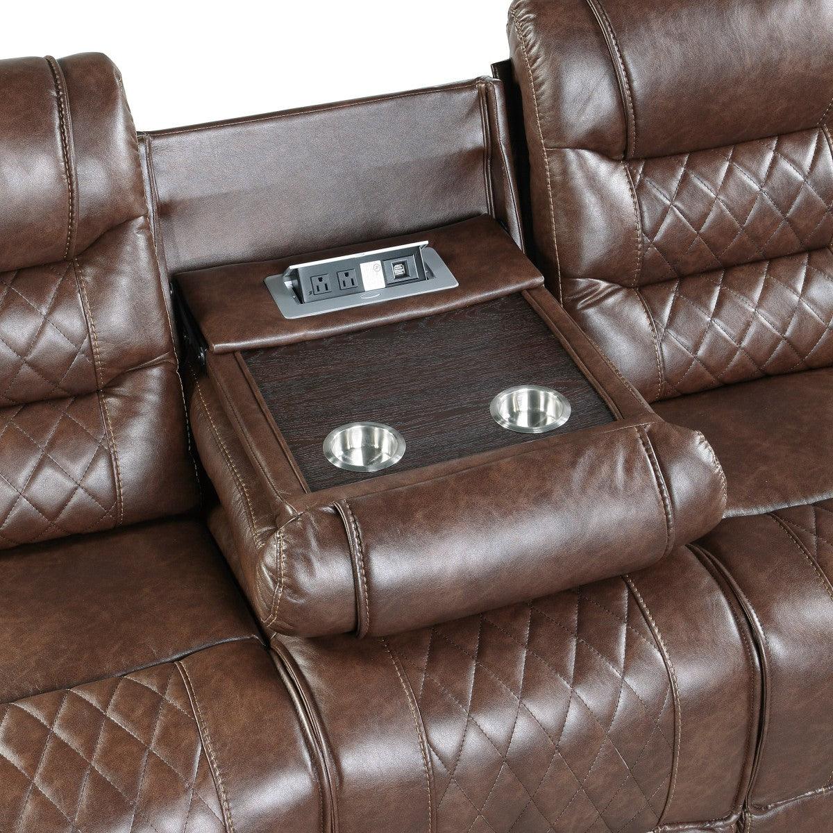 Close-up of cup holders and USB ports on center table
