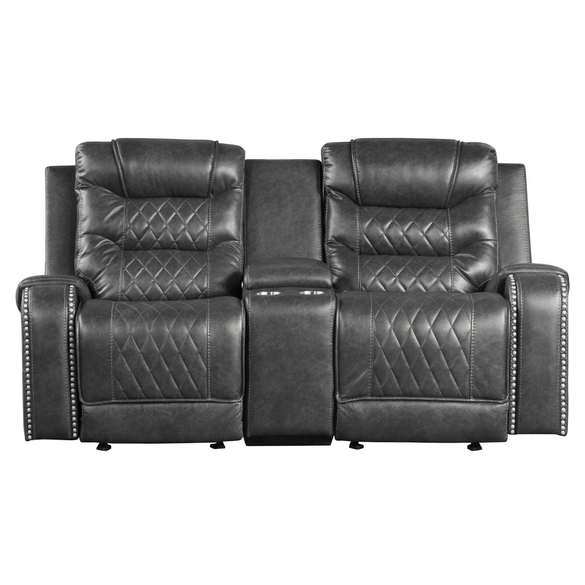Putnam Gray Double Glider Reclining Loveseat with Center Console front view