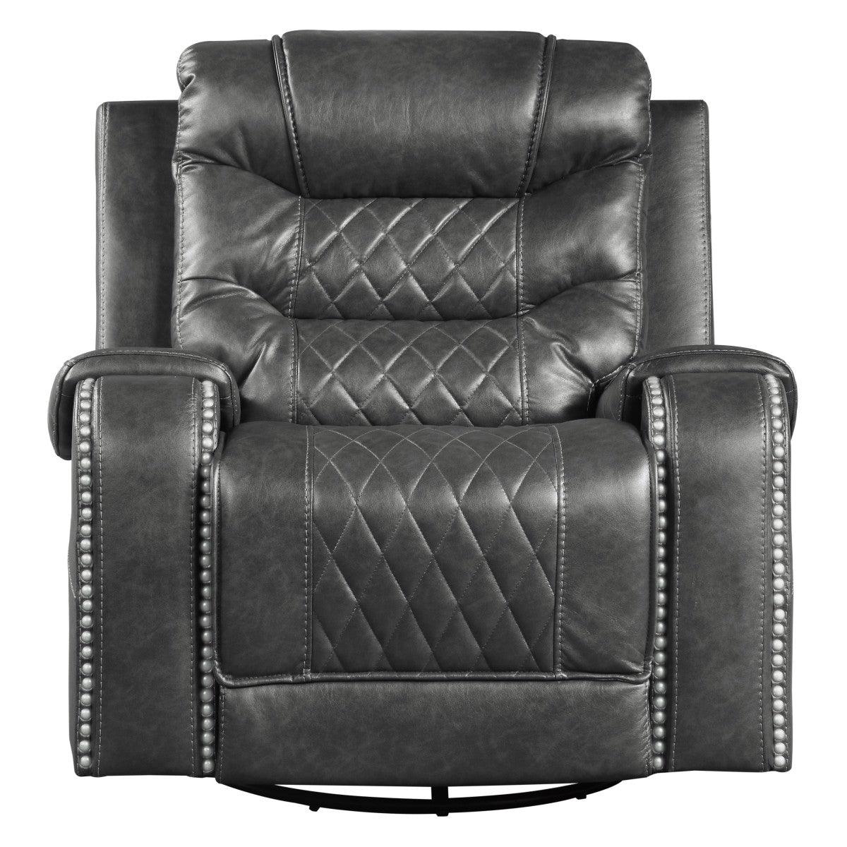 Putnam Gray Swivel Glider Recliner front view showing polished microfiber upholstery