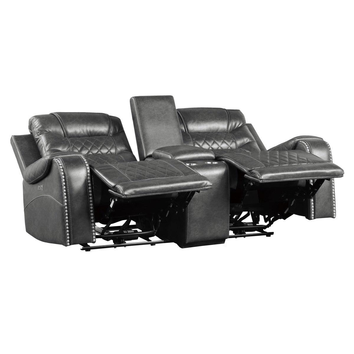 Putnam Gray Power Double Reclining Loveseat reclining positions shown