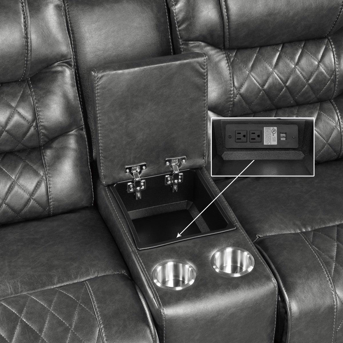 Close-up of nailhead trim on arm of Putnam Gray Reclining Loveseat