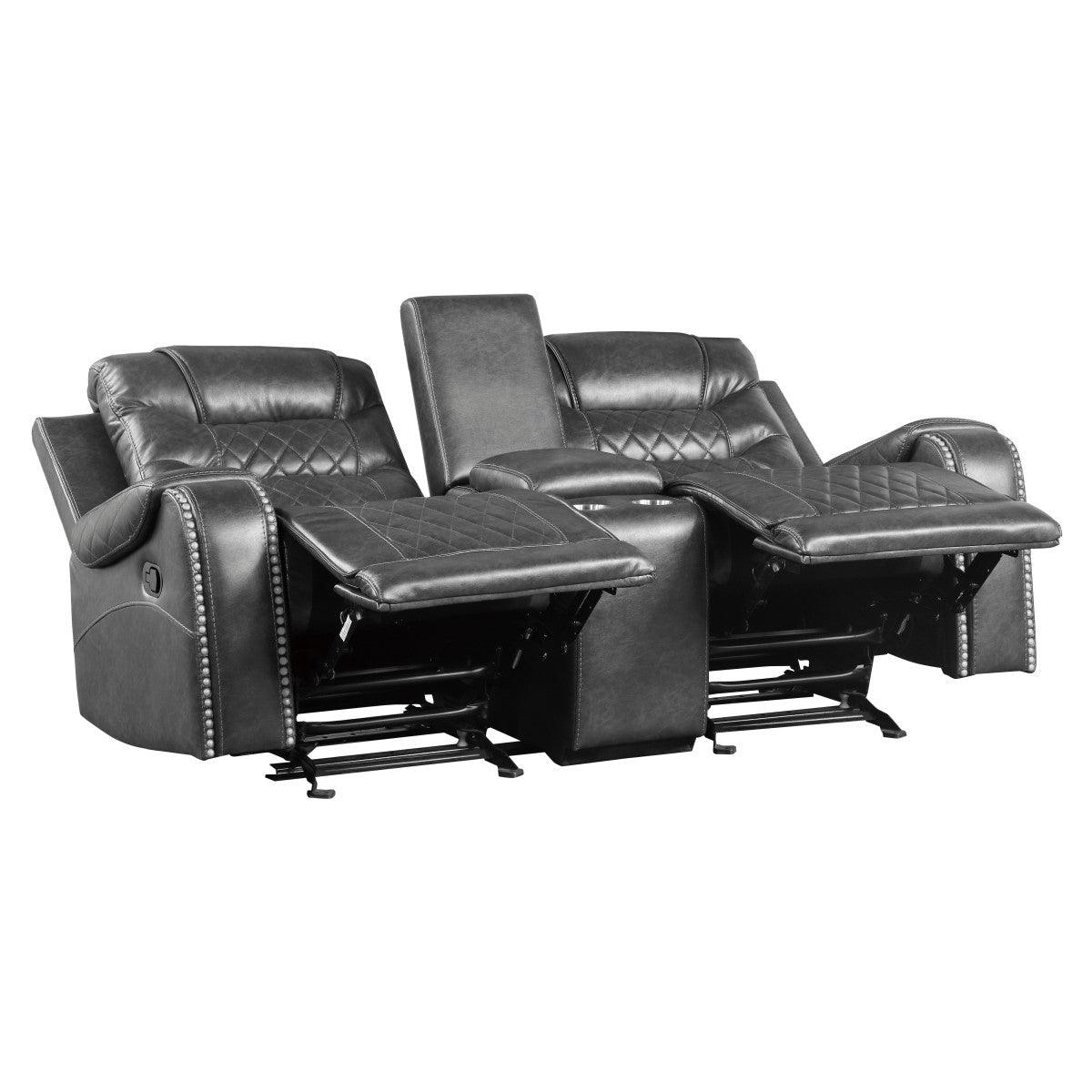 Reclined position of Putnam Gray double glider loveseat showing seat and back cushions