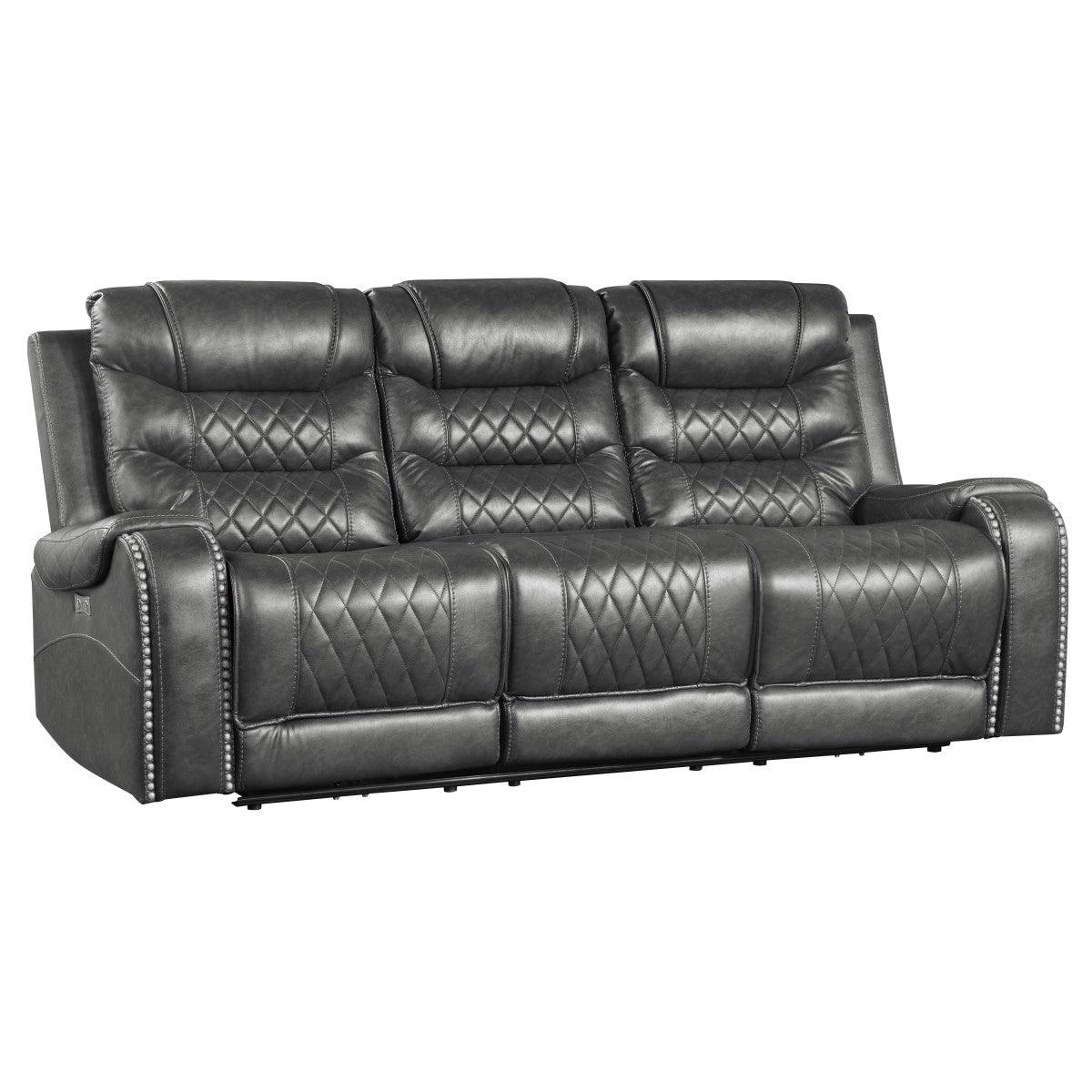 Side view of Putnam gray power double reclining sofa