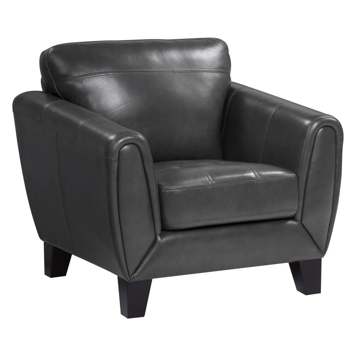 Side view of Spivey Dark Gray leather accent chair with contoured arms
