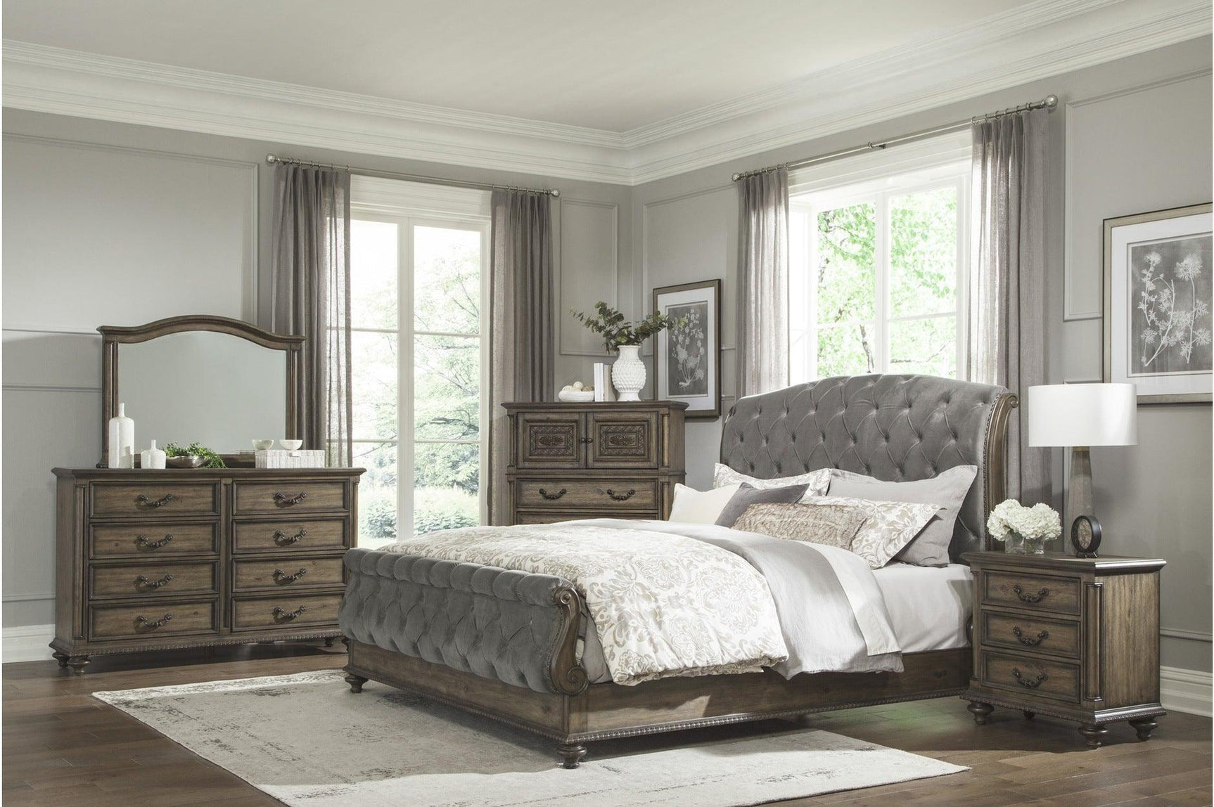 front view of Rachelle Gray Velvet Upholstered Tufted Sleigh Bedroom Set bed
