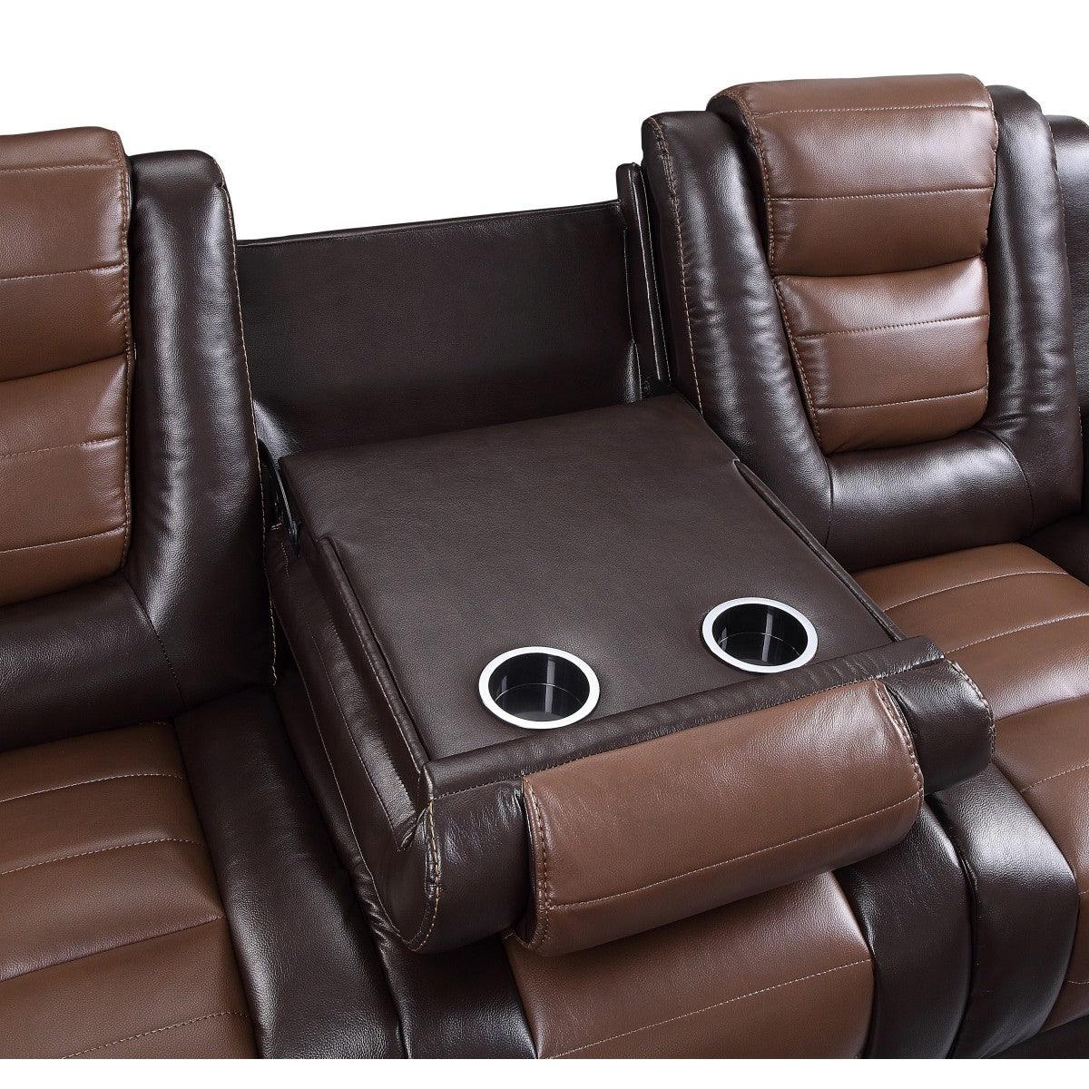 Briscoe 2-Tone Light Brown and Dark Brown Faux Leather Double Reclining Sofa close up of center drop-down table with cup holders