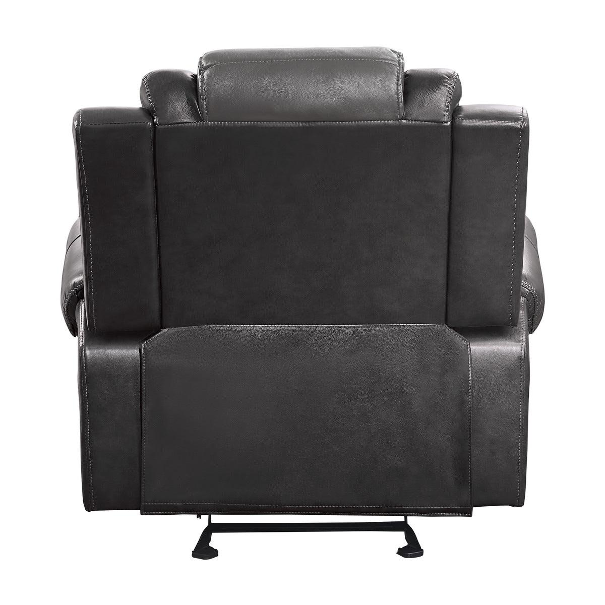 Back view of Briscoe Glider Reclining Chair in two-tone gray faux leather