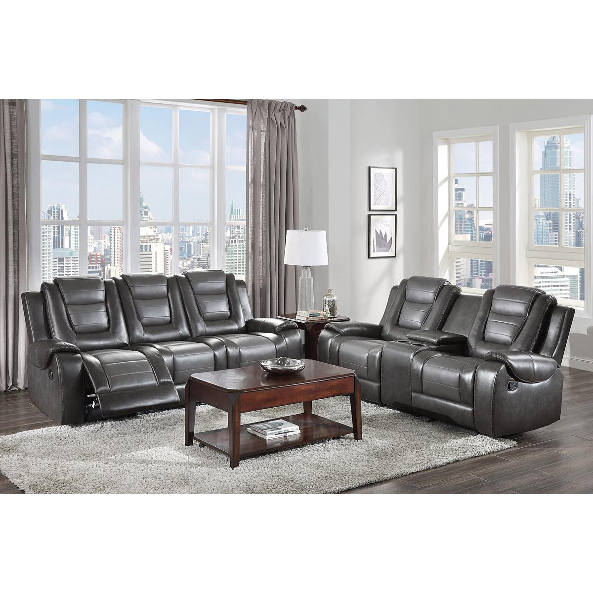 Seating area close-up of Briscoe 2-Tone Gray Faux Leather Sofa