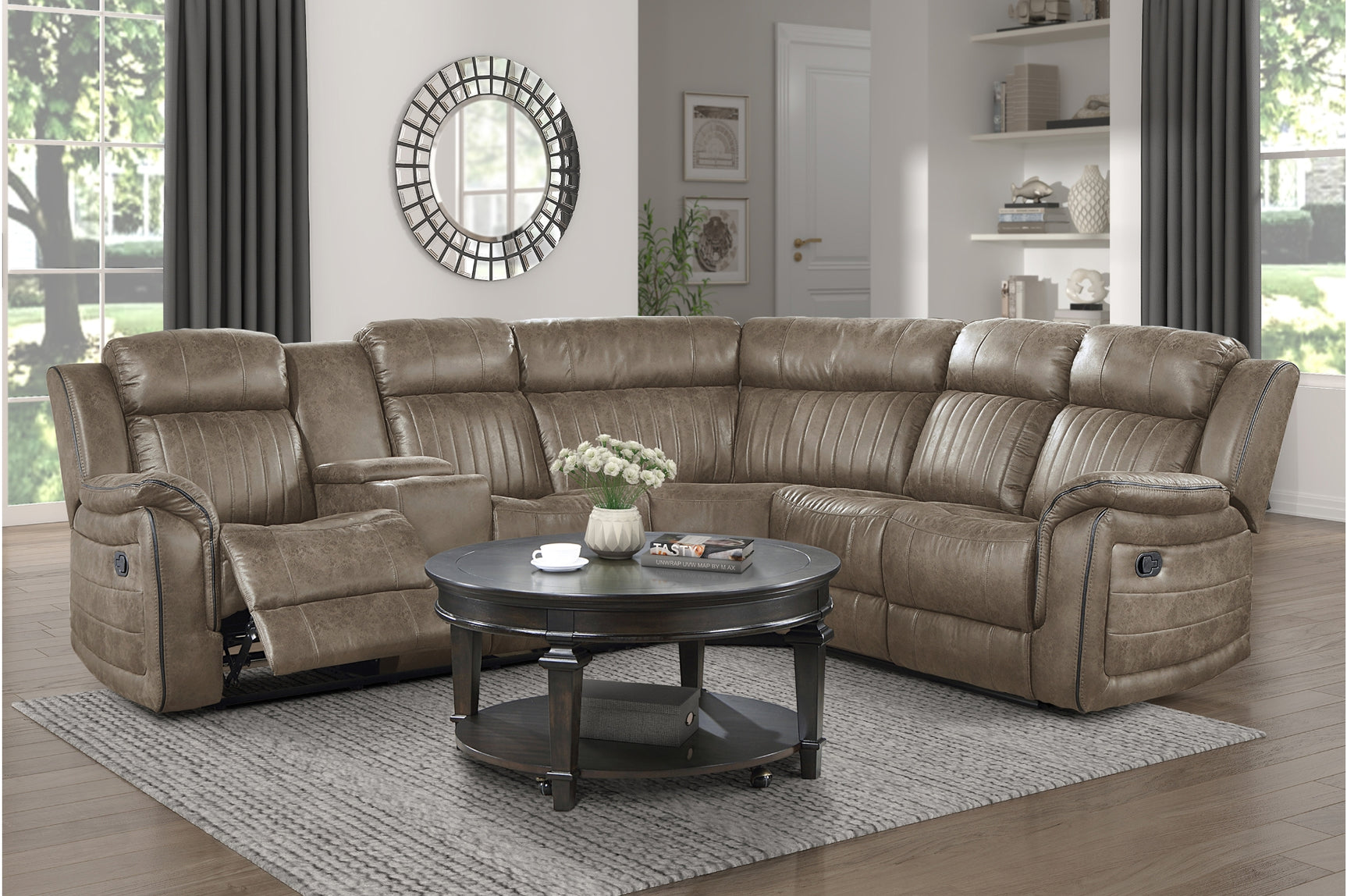 Centeroak Brown Gray Faux Leather Reclining Sectional sofa, seat close-up