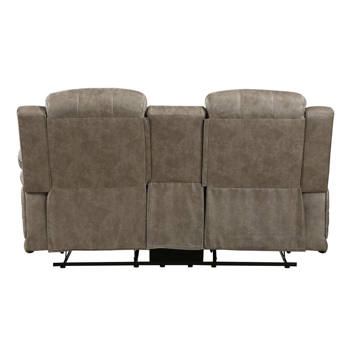Rear view of Centeroak Sandy Brown microfiber reclining loveseat