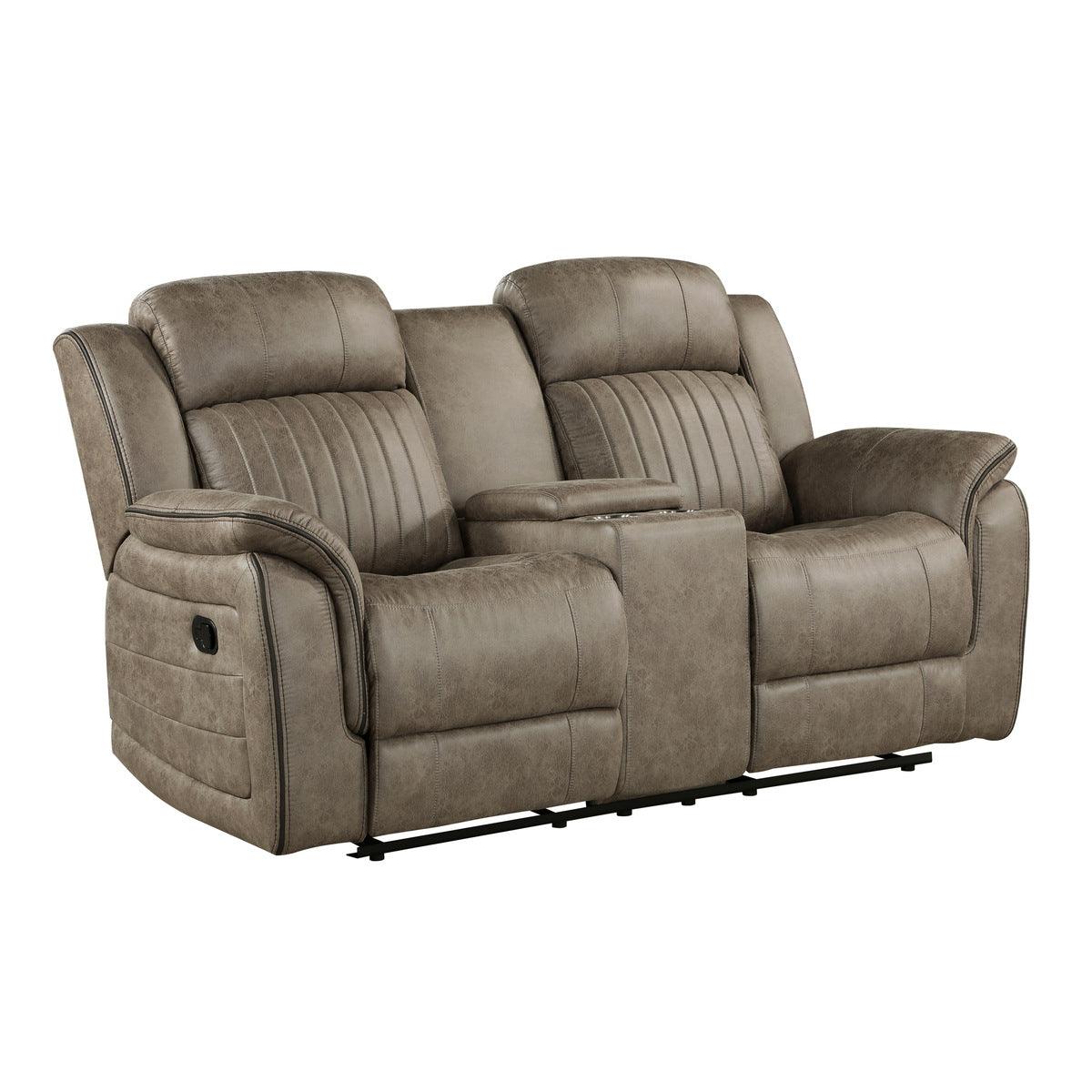 Side angle of Centeroak Sandy Brown microfiber reclining loveseat