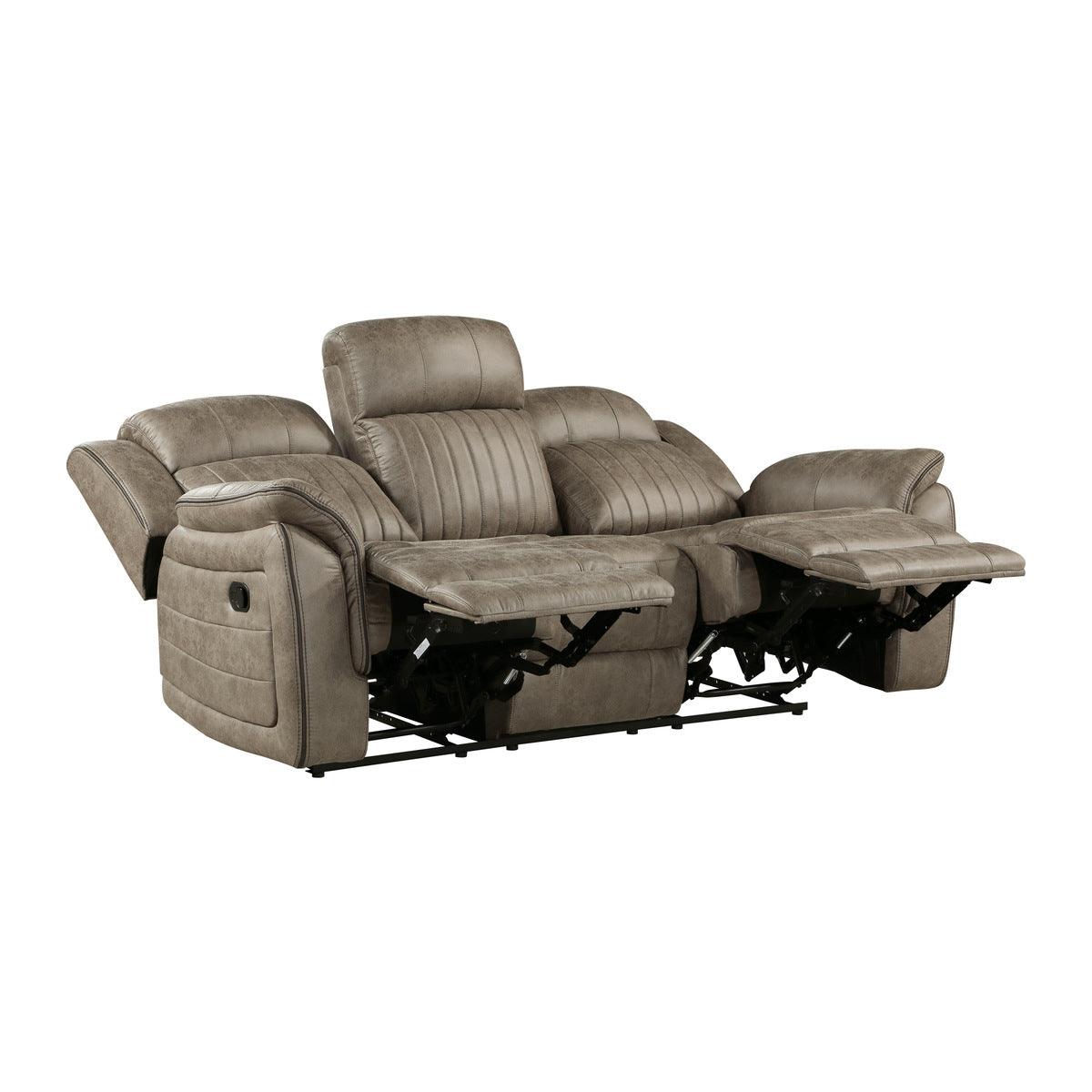 Centeroak Sandy Brown Double Reclining Sofa reclined position