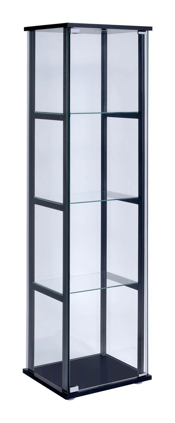 Cyclamen curio cabinet side angle showcasing glass shelves