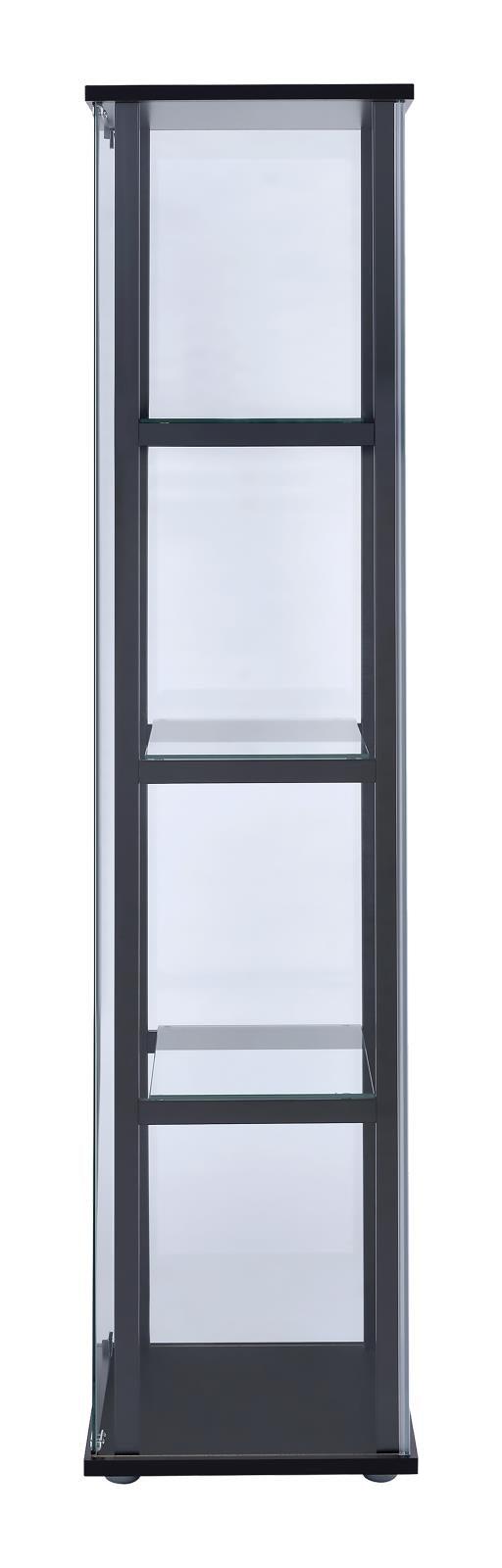 Interior view showing four glass shelves with decor