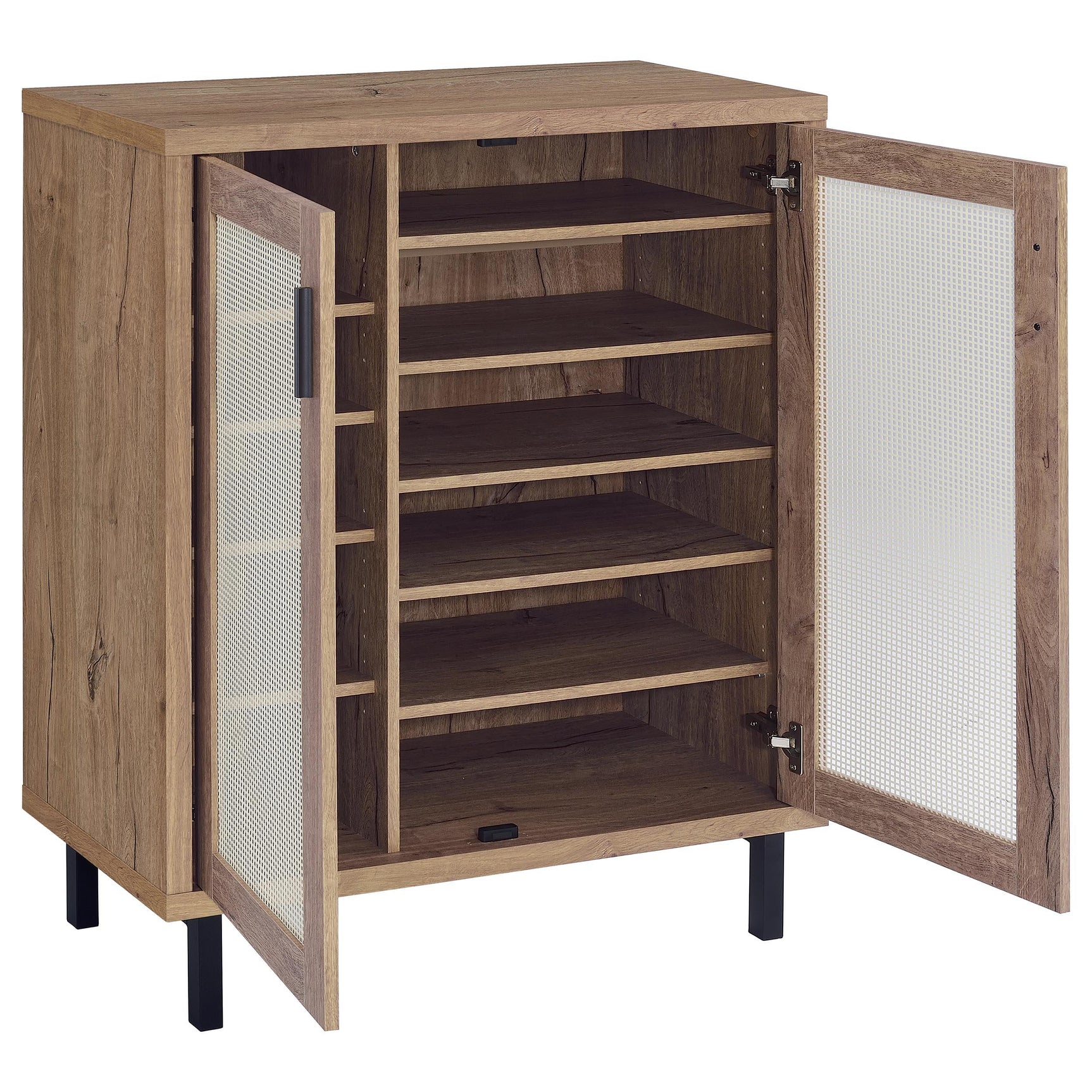 Open door view of shoe cabinet displaying adjustable shelves inside