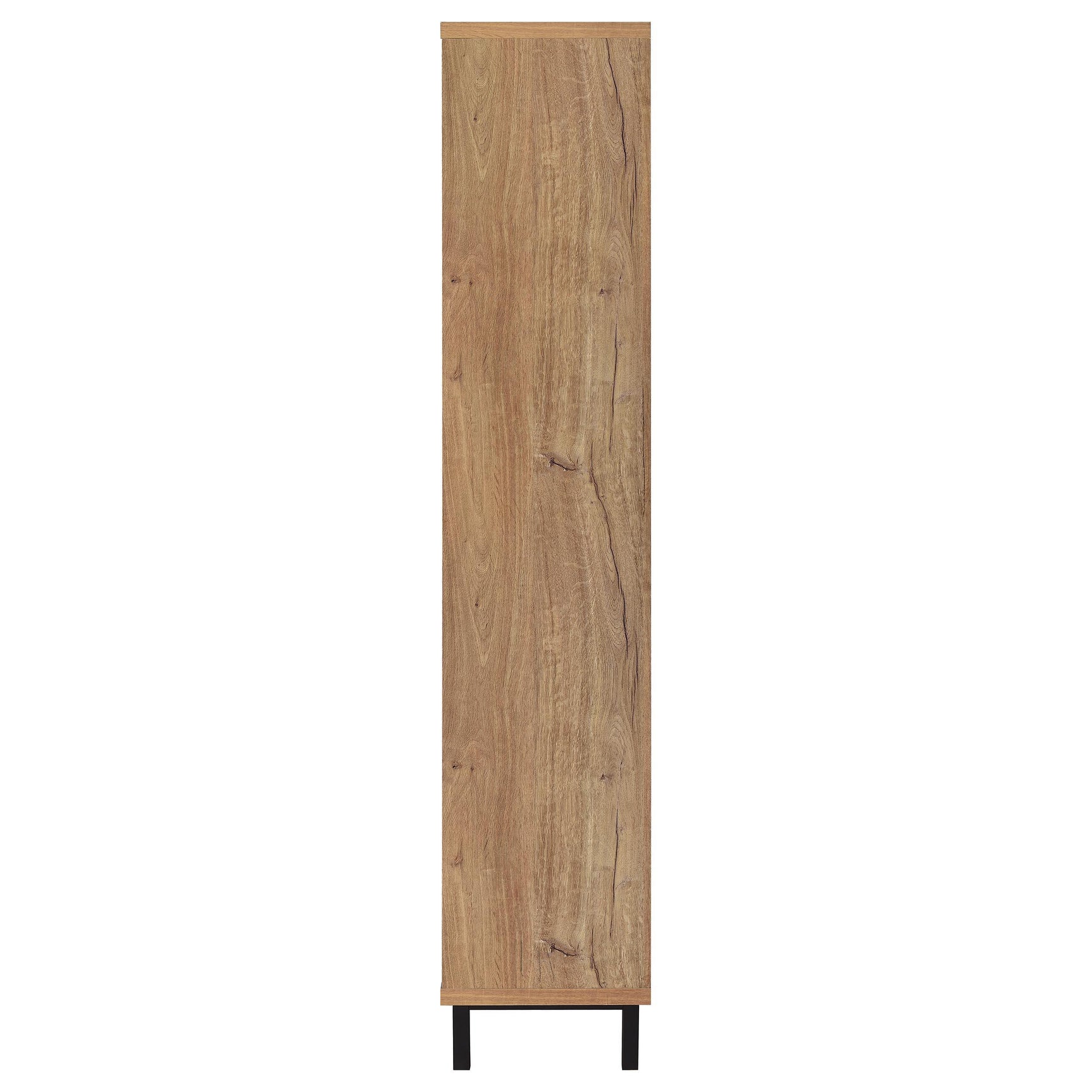 Black metal legs supporting the tall shoe cabinet